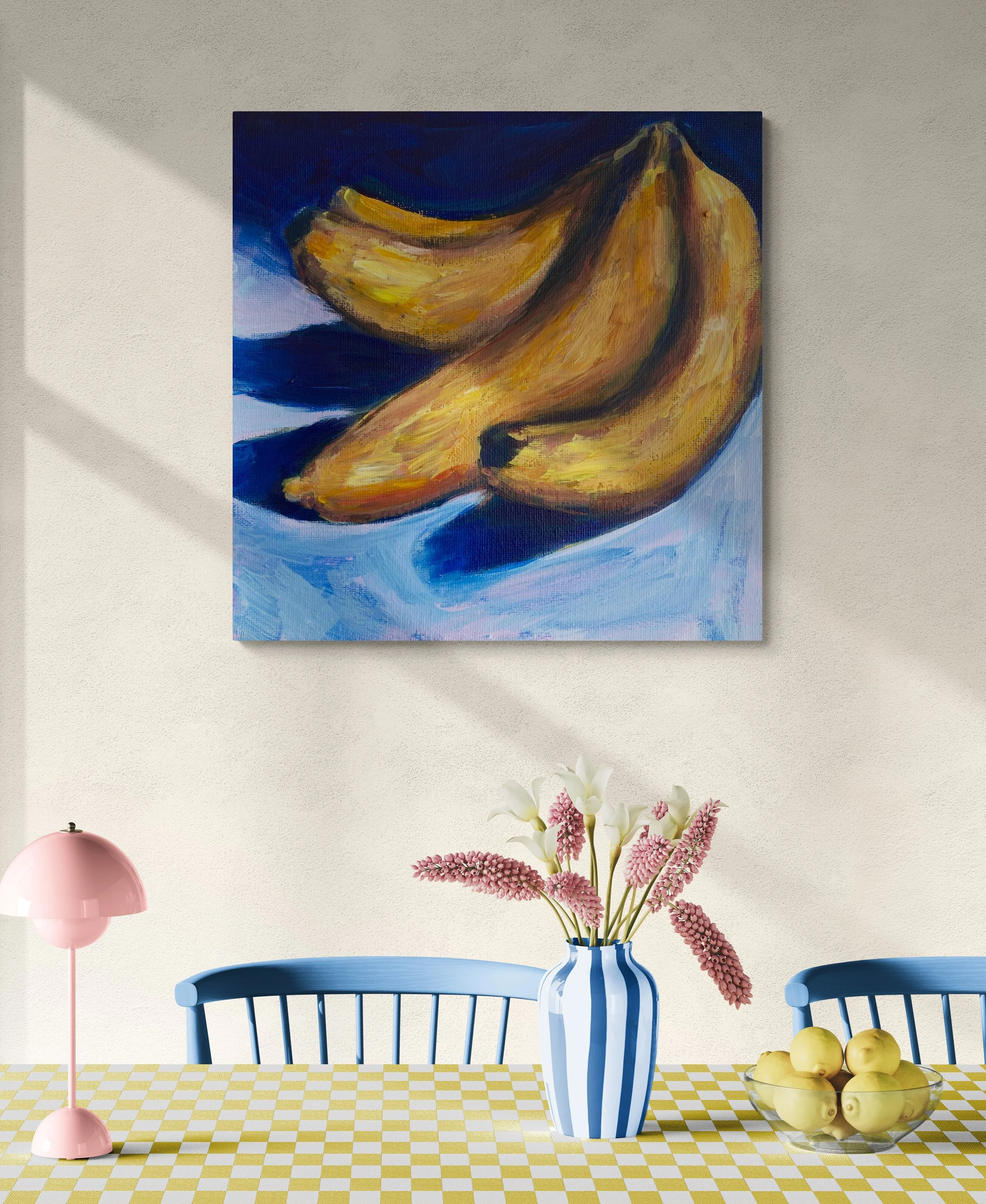 bananas on blue background hung on wall dining room