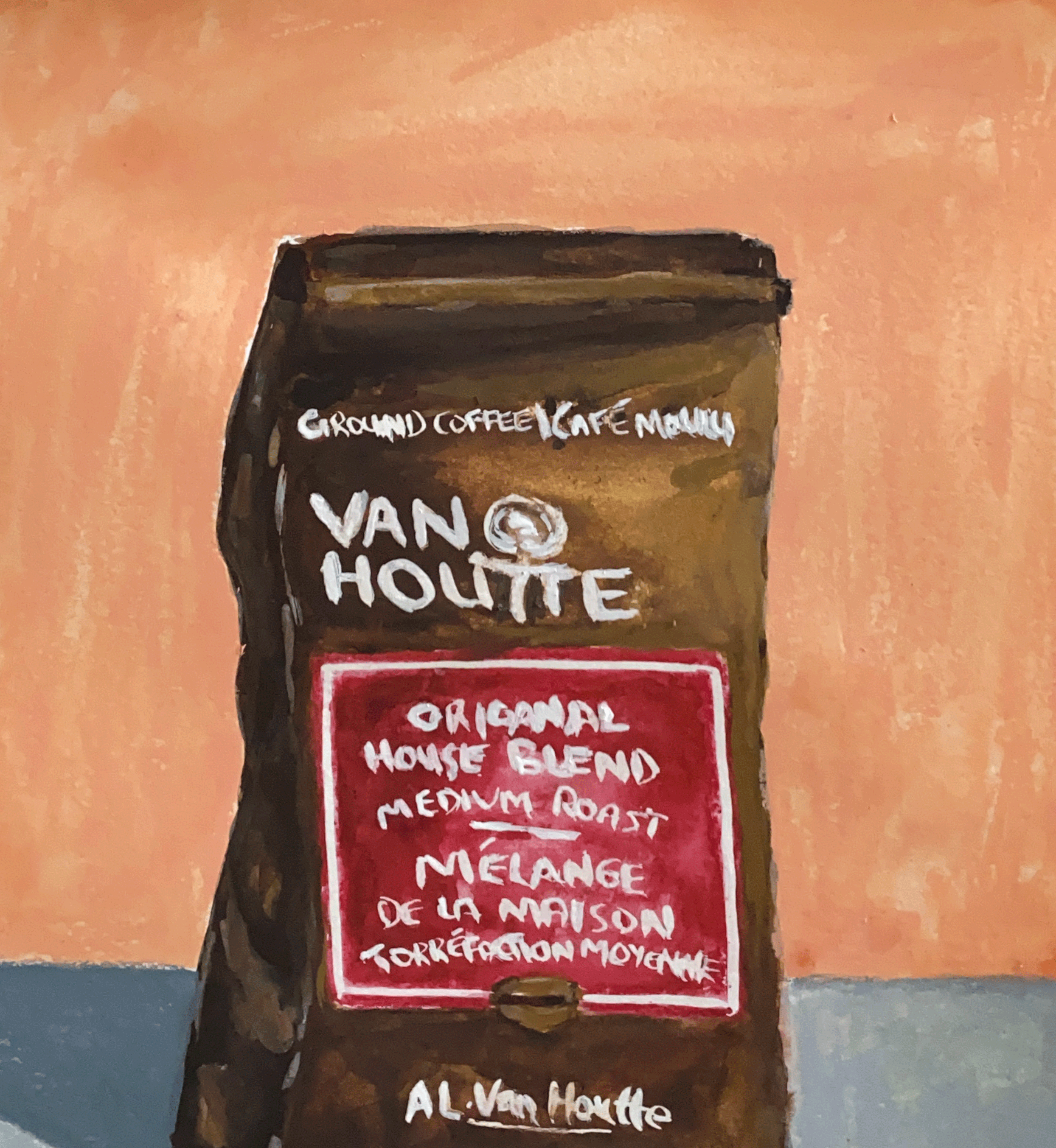 Van houtte coffee packet on peach background close up.png