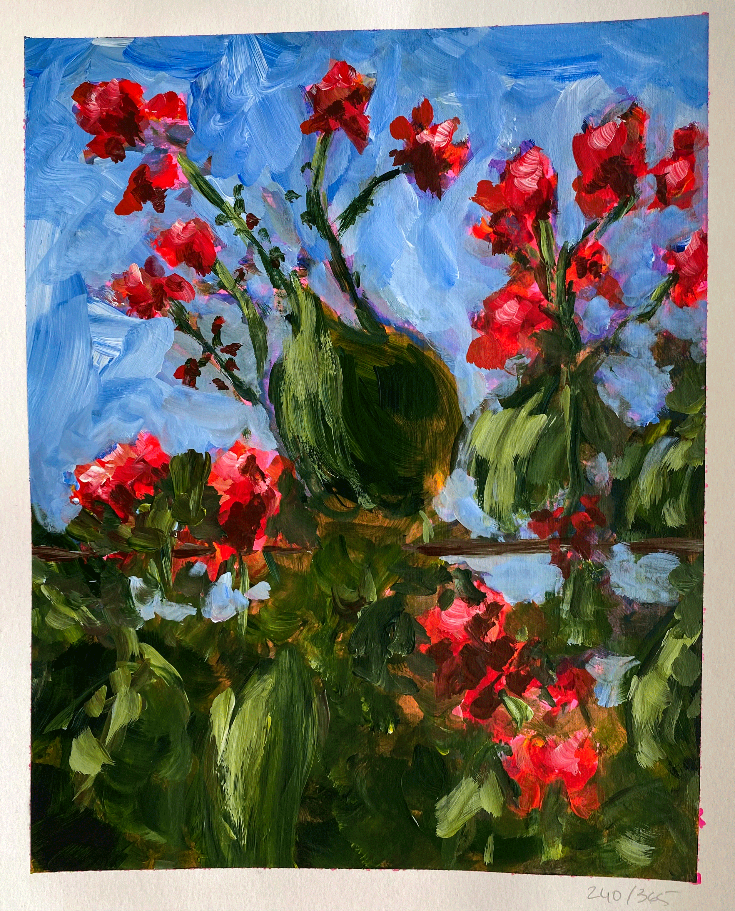 Day 240: "Scarlet Runner Bean Flowers", acrylic on paper, 8x10"