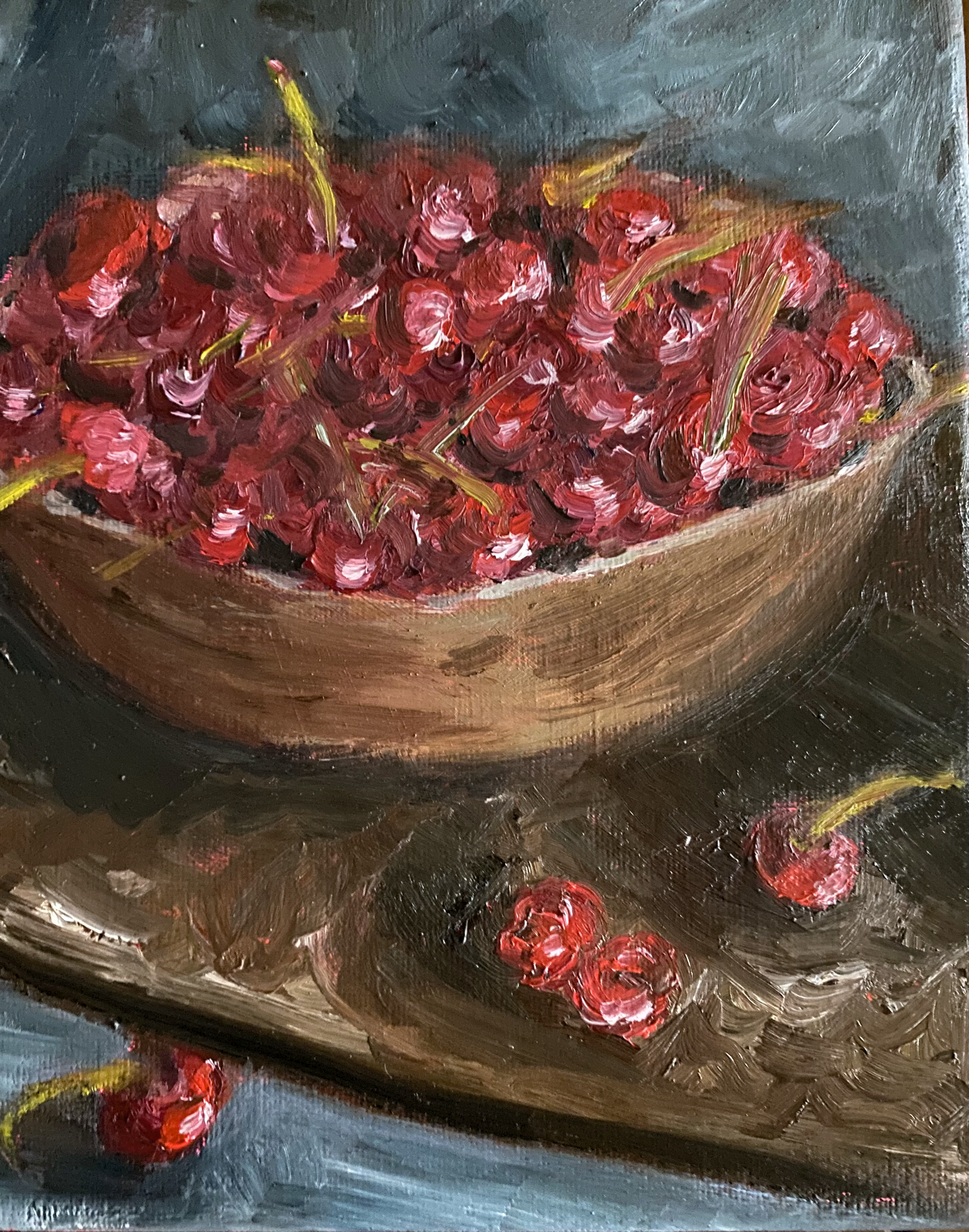 Day 12/365: "Bowl of Cherries", oil on stretched canvas, 10x8"