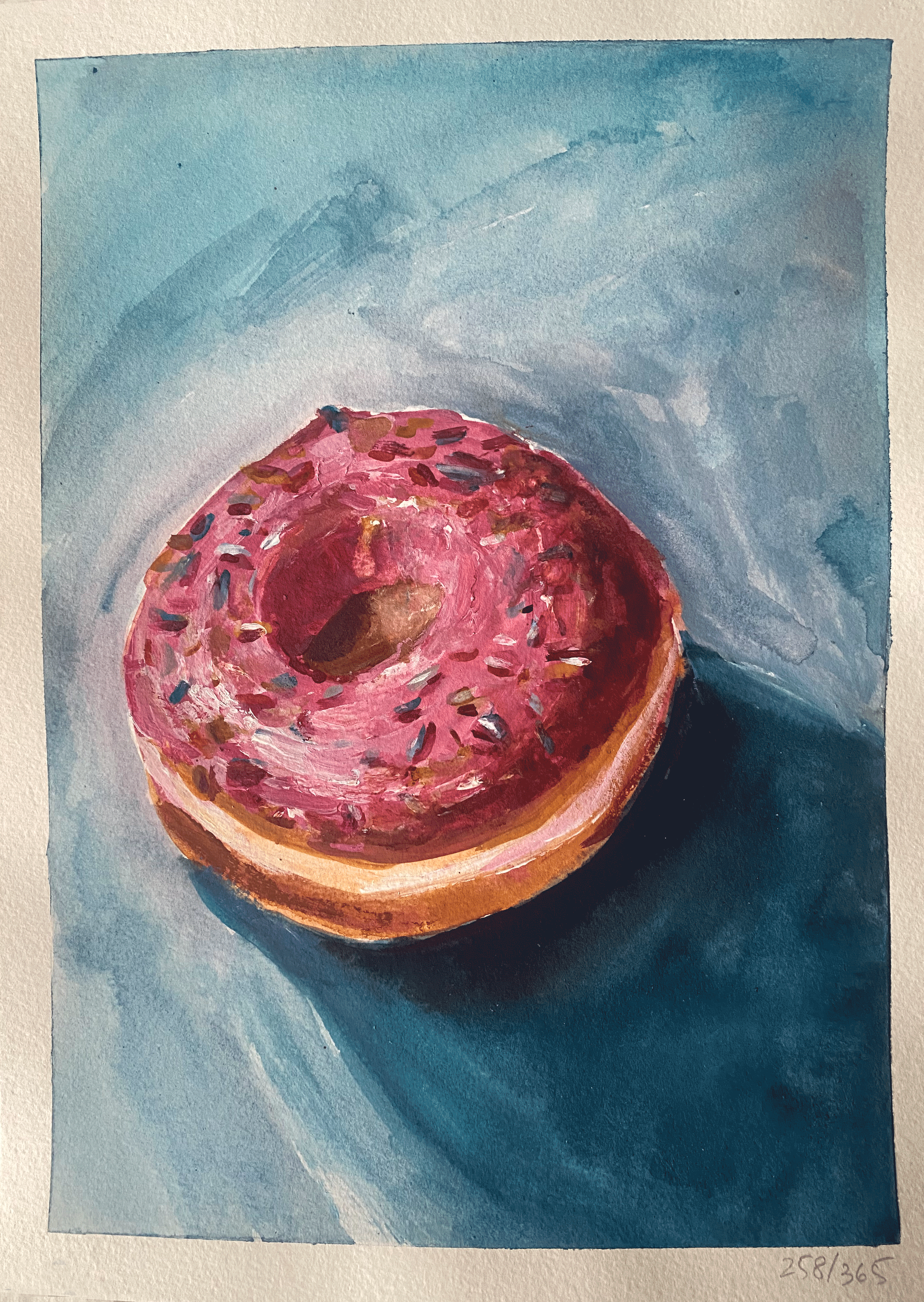 Day 258/365: "Pink Sprinkled Donut", Original Watercolor on Paper, 9x12"