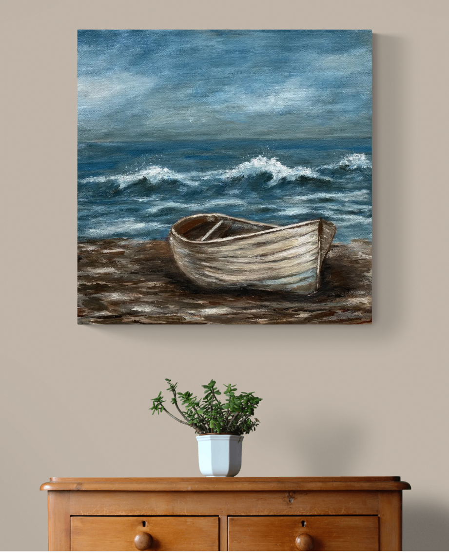 painting acrylic seascape original muted sky wooden boat sable island