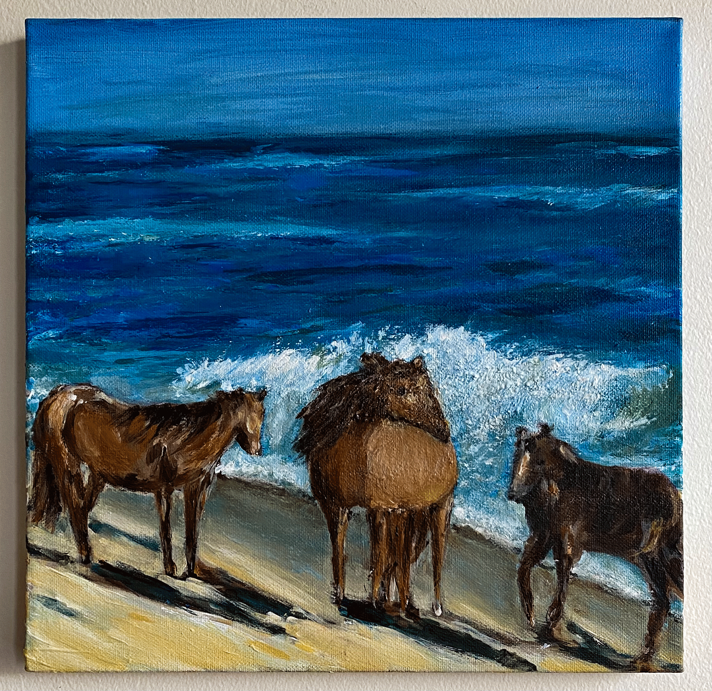 Original Acrylic on Canvas Painting Seascape Coastal Wall Art "Wild Horses of Sable Island, Nova Scotia" 12" x 12"