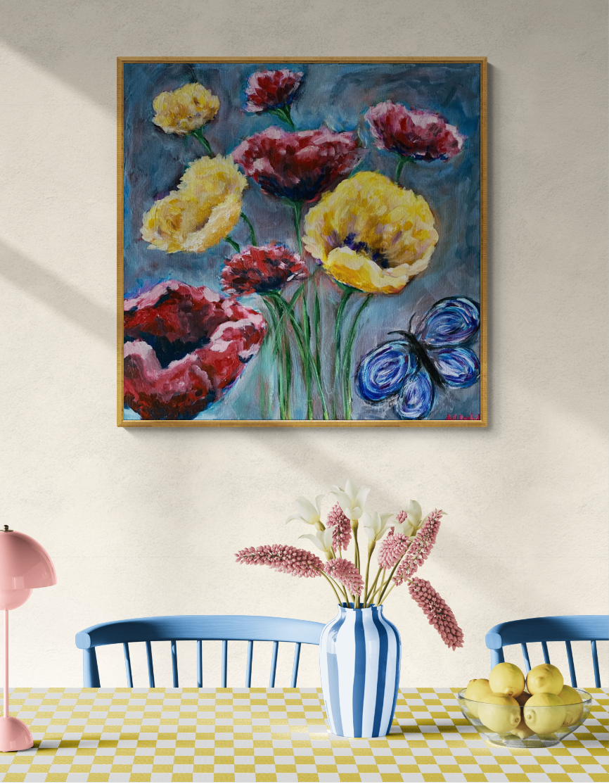 Original acrylic painting titled 'Spring Tulips,' featuring vibrant tulip flowers on a 20x20 stretched canvas