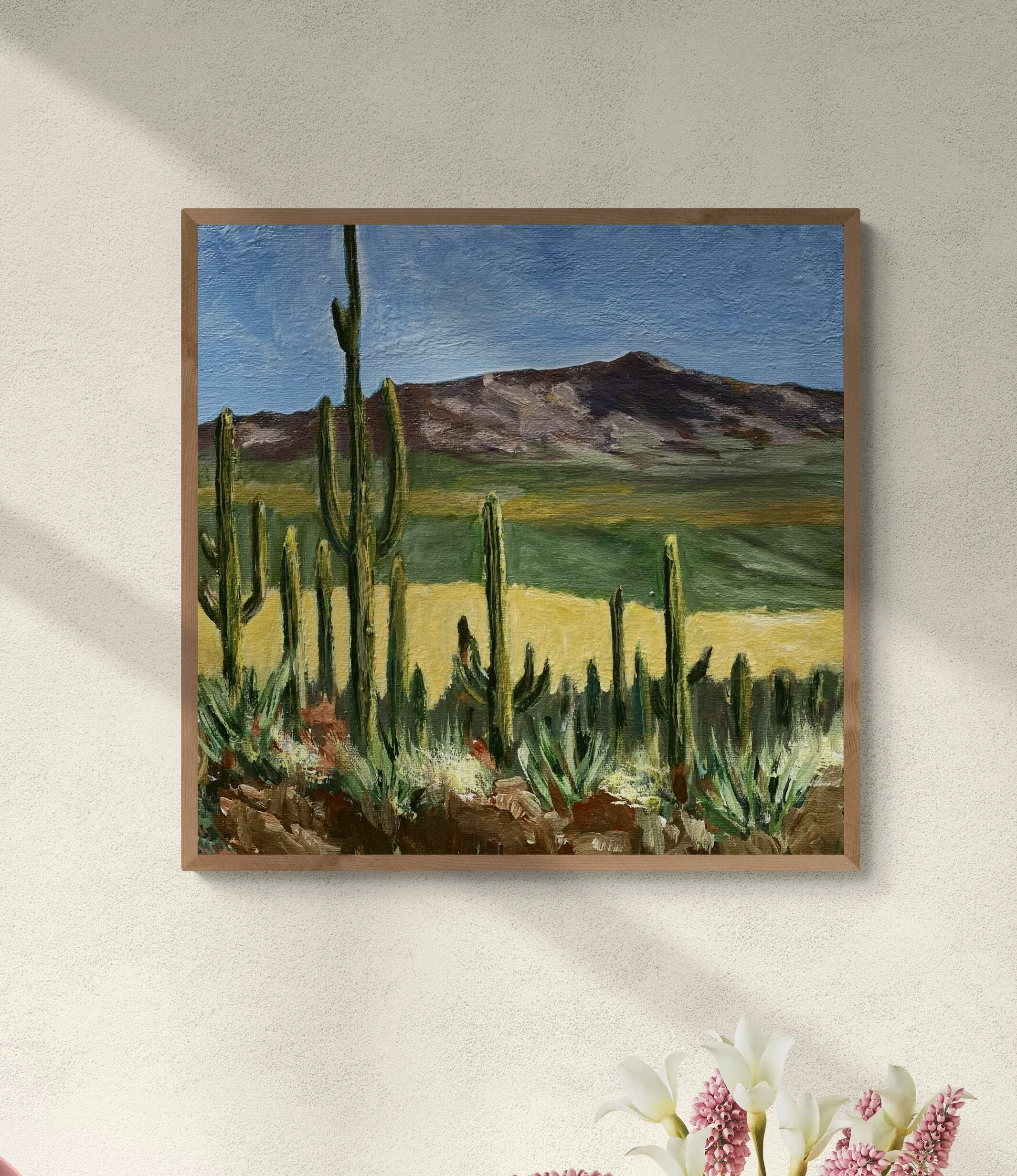 acrylic painting original western desert mountain landscape saguaro arizona