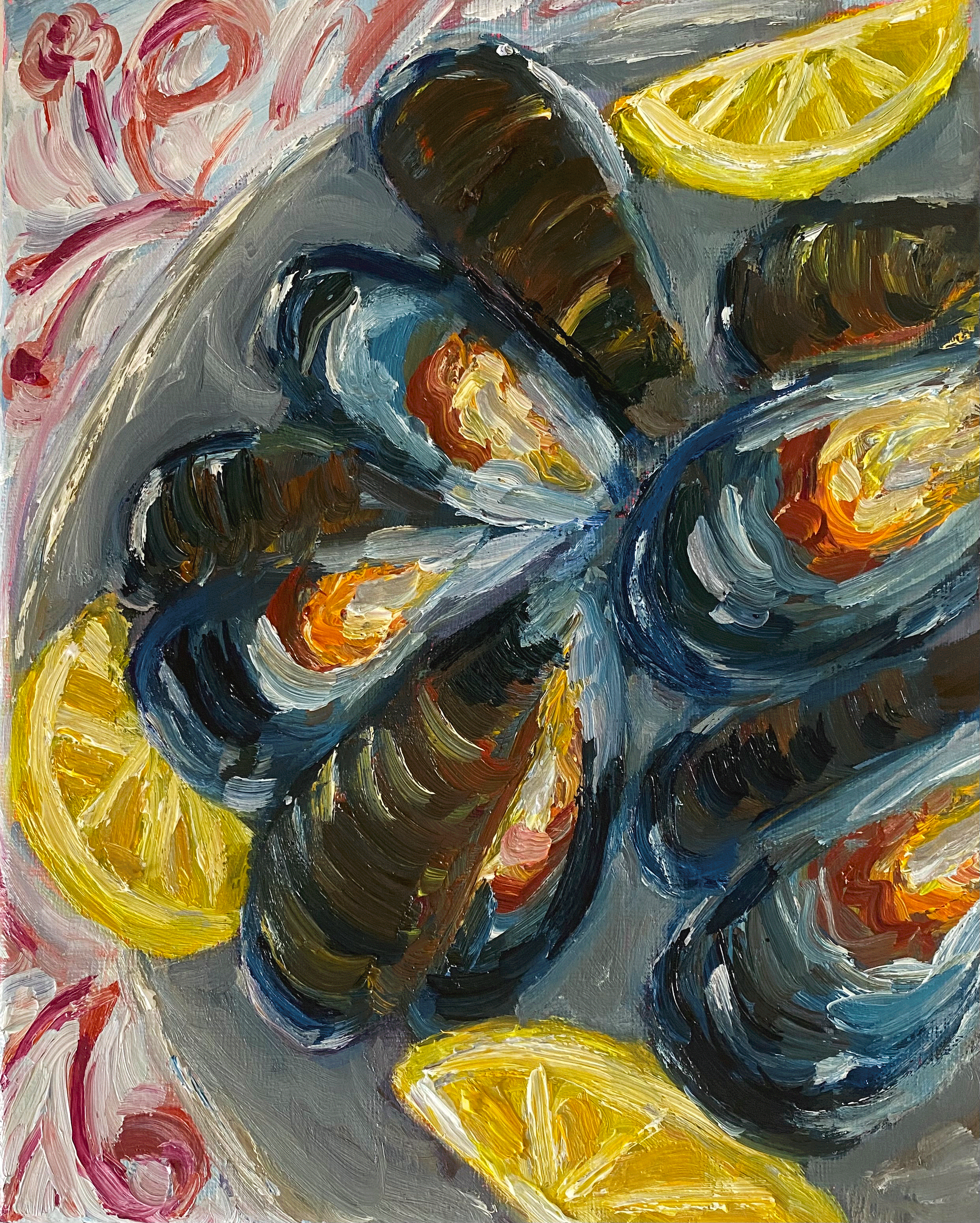 Day 17/365: "New England Mussels" water mixable oils on stretched canvas, 10x8"