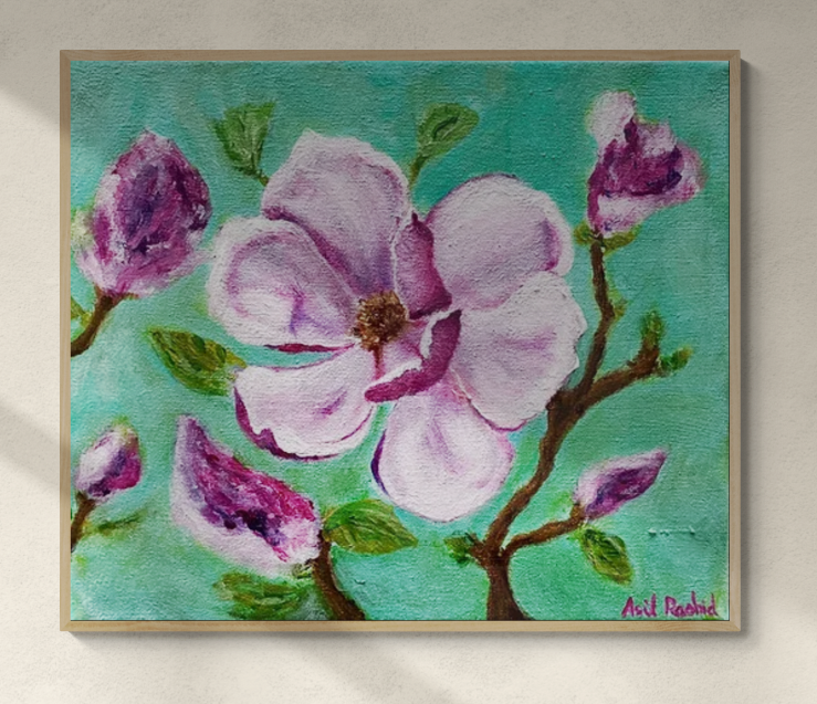 Magnolia pink on green background with buds and leaves