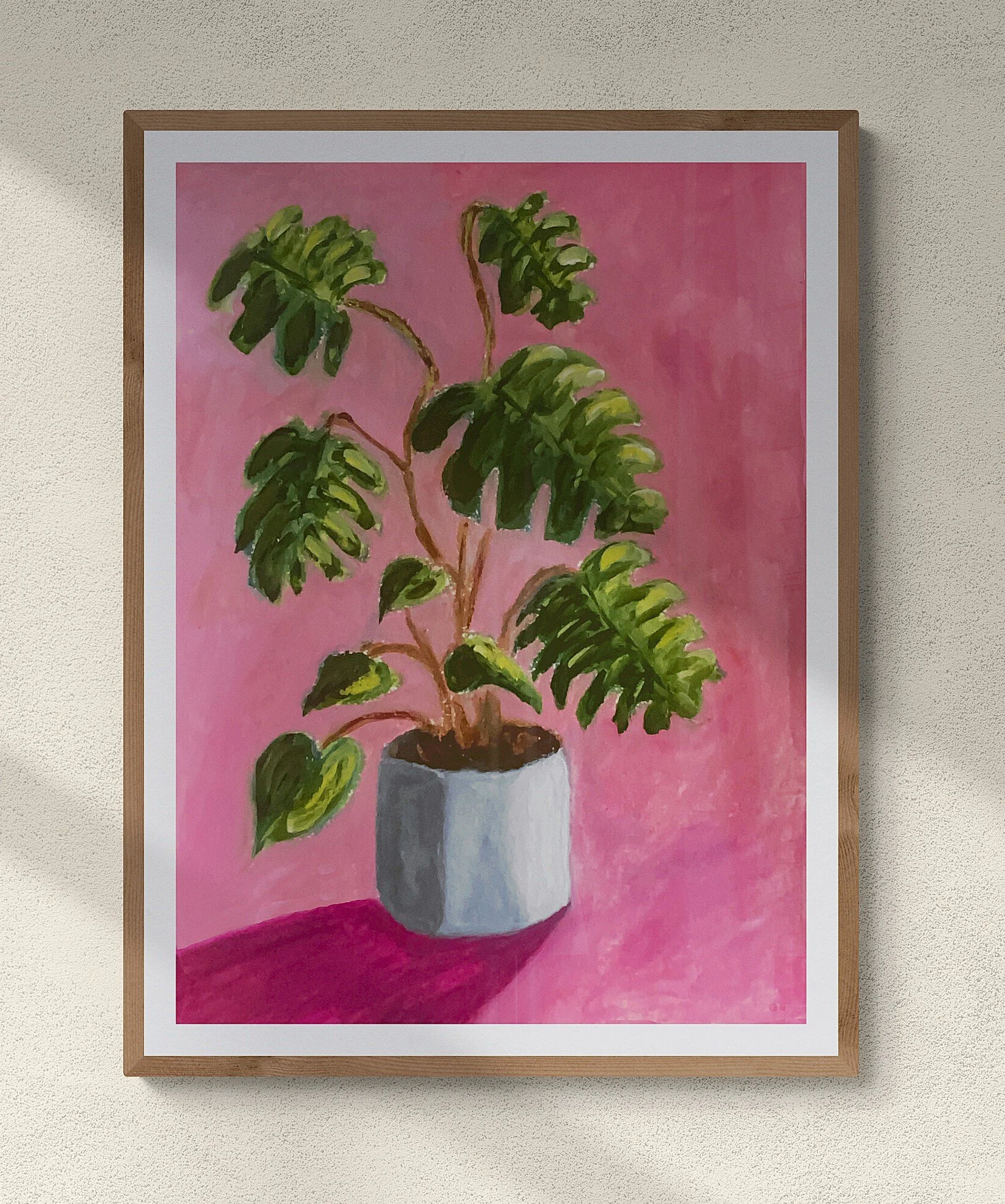 Day 88: “Monstera on Pink”, wax pastels and watercolor on paper, 9x12”. 