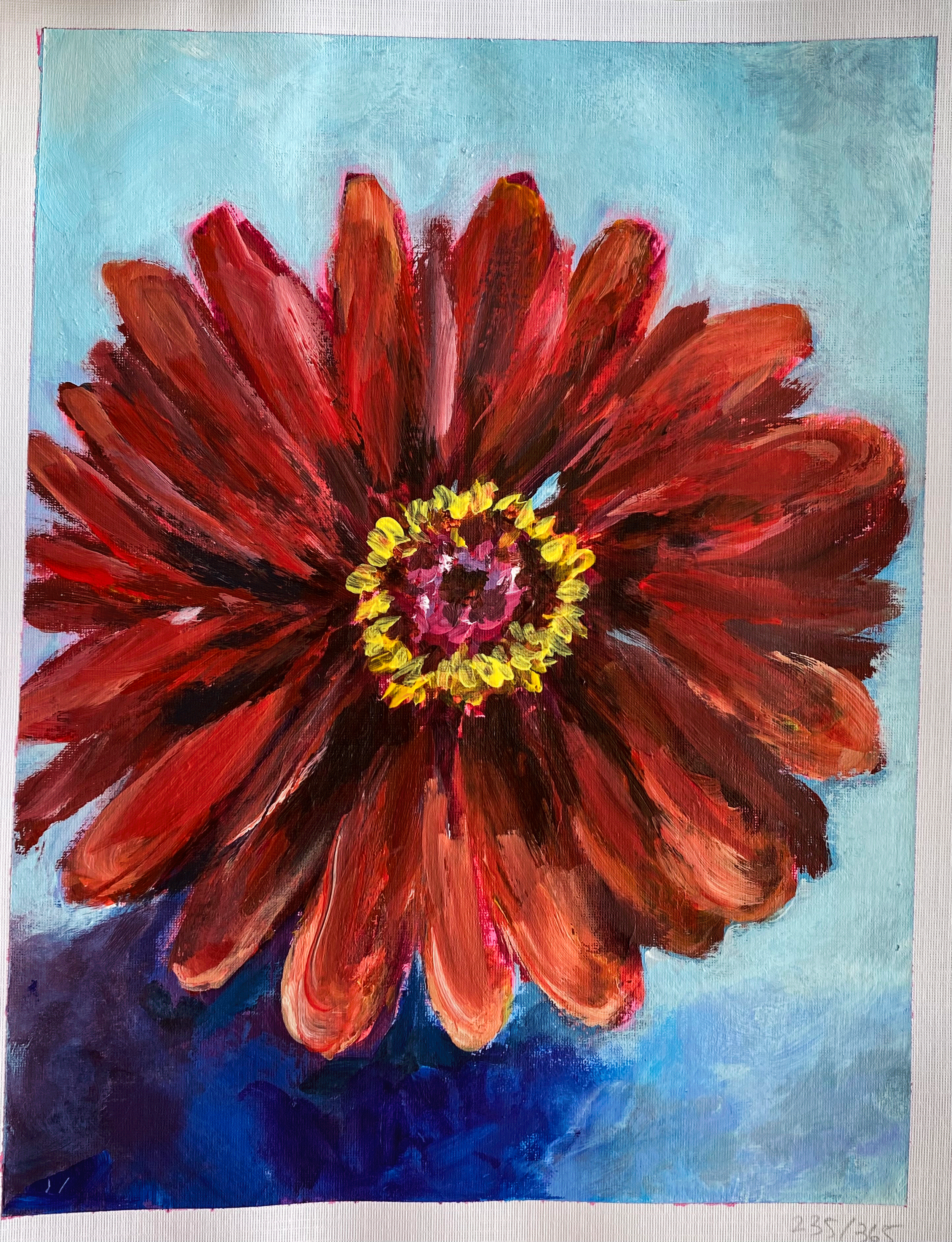 Day 235: "Zinnia", acrylic on paper, 8x10"