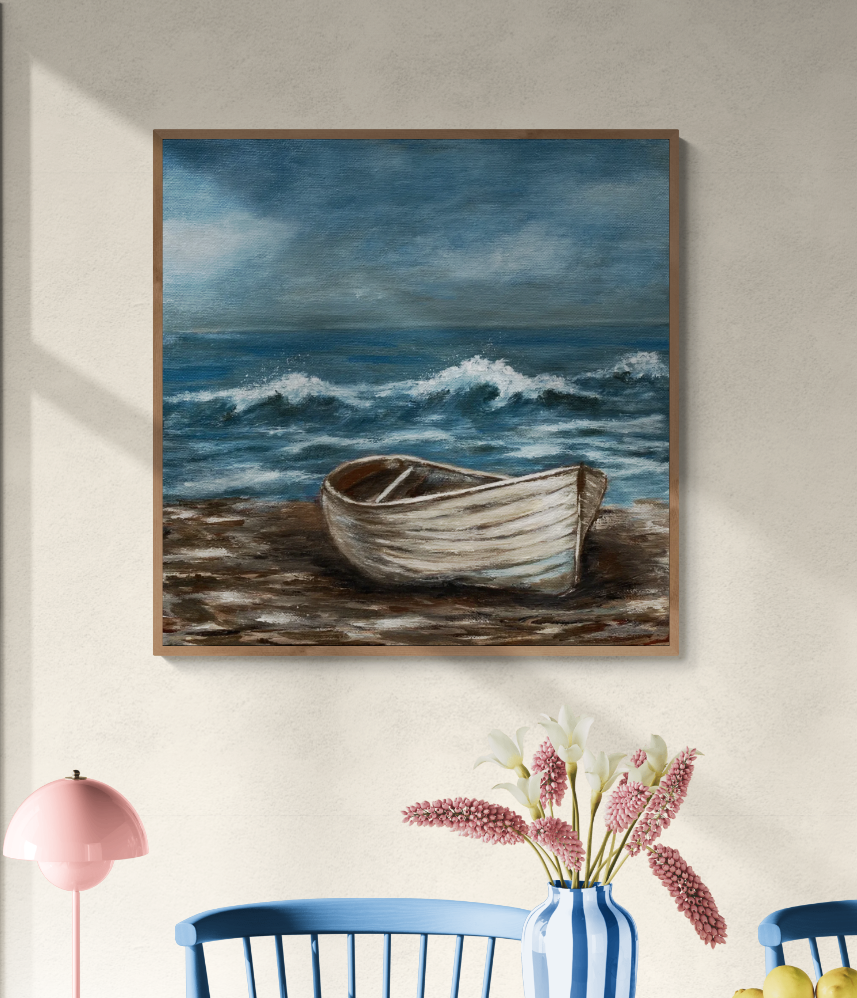 painting acrylic seascape original muted sky wooden boat sable island