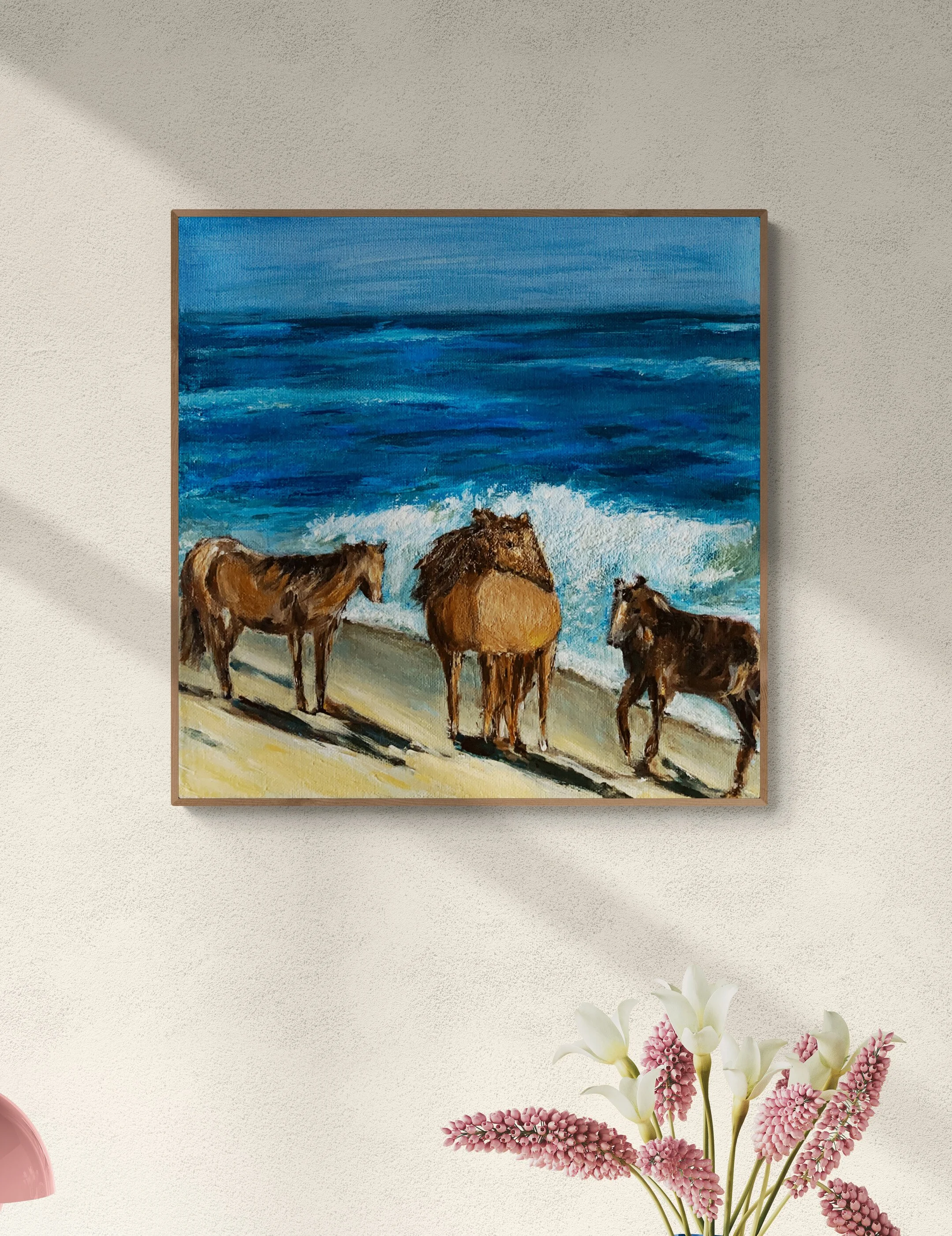 acrylic seascape wild horses on shore sable island painting on wall art original