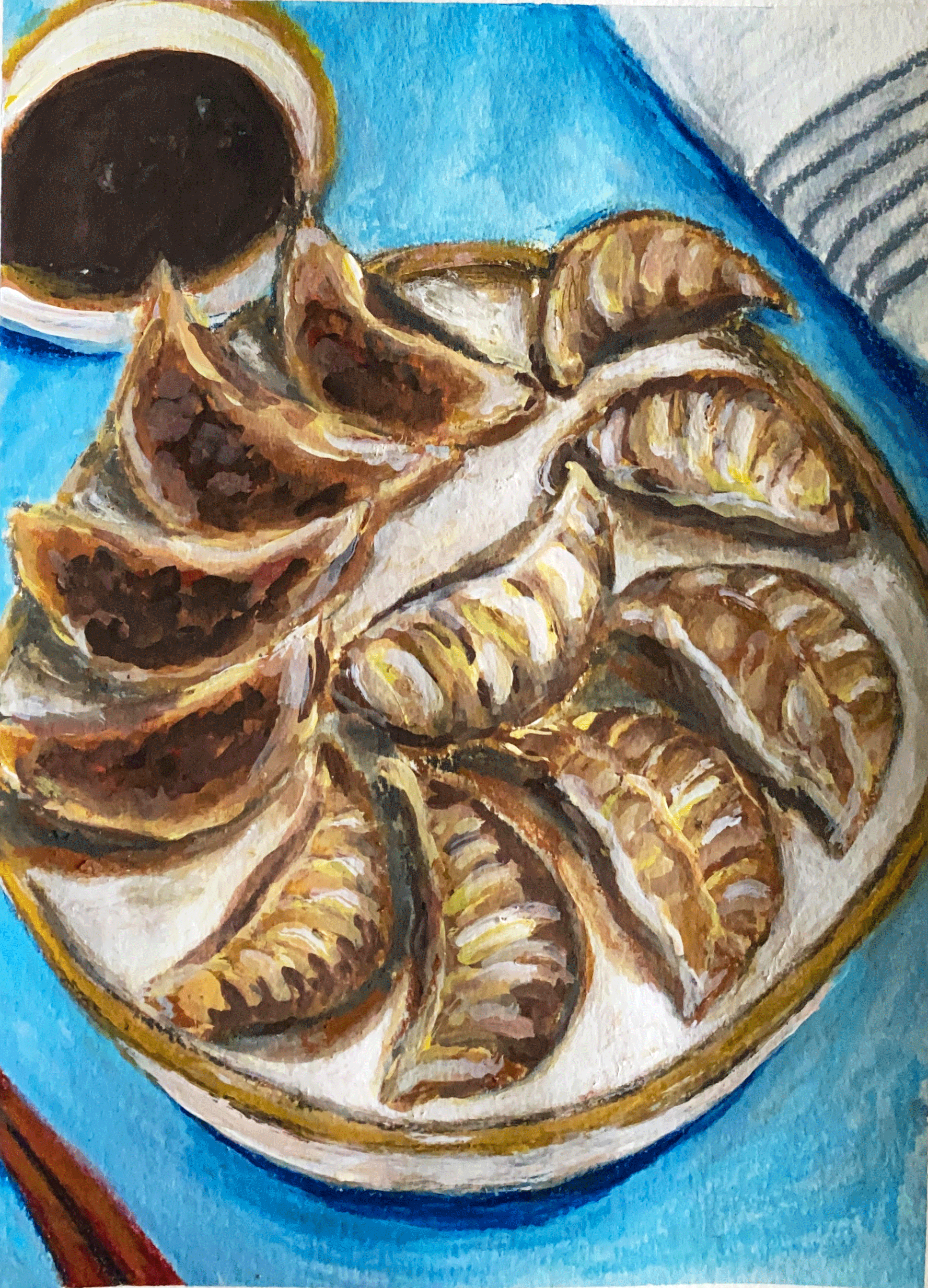 dumplings on blue background with soy sauce artwork
