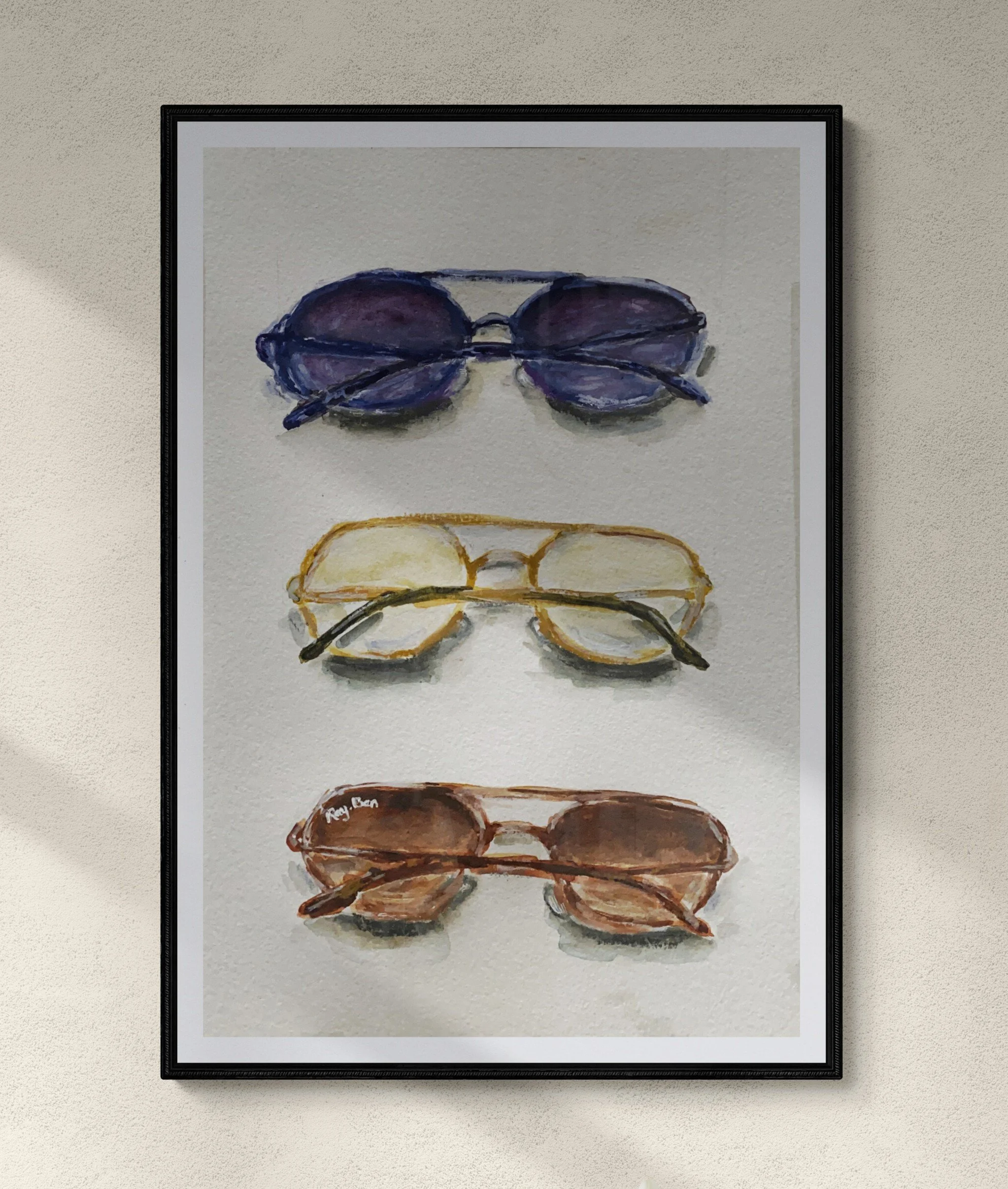 Day 66: "Sunglasses", watercolor and wax pastels on watercolor paper, 9x12"