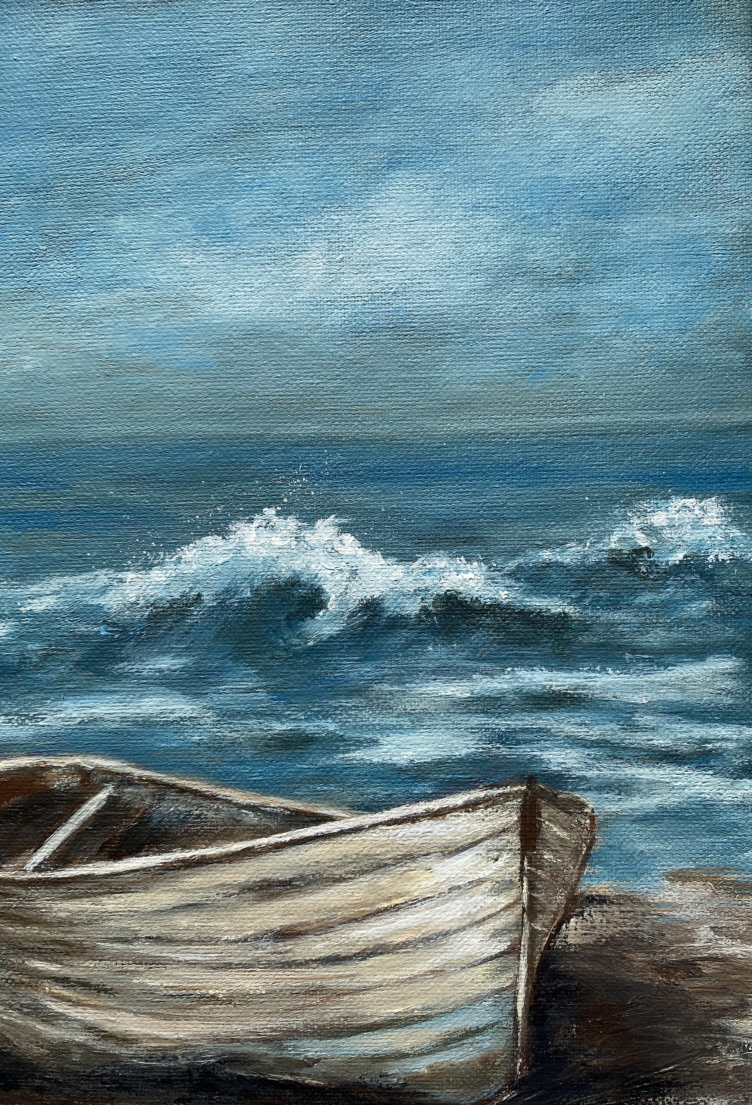painting acrylic seascape original muted sky wooden boat sable island