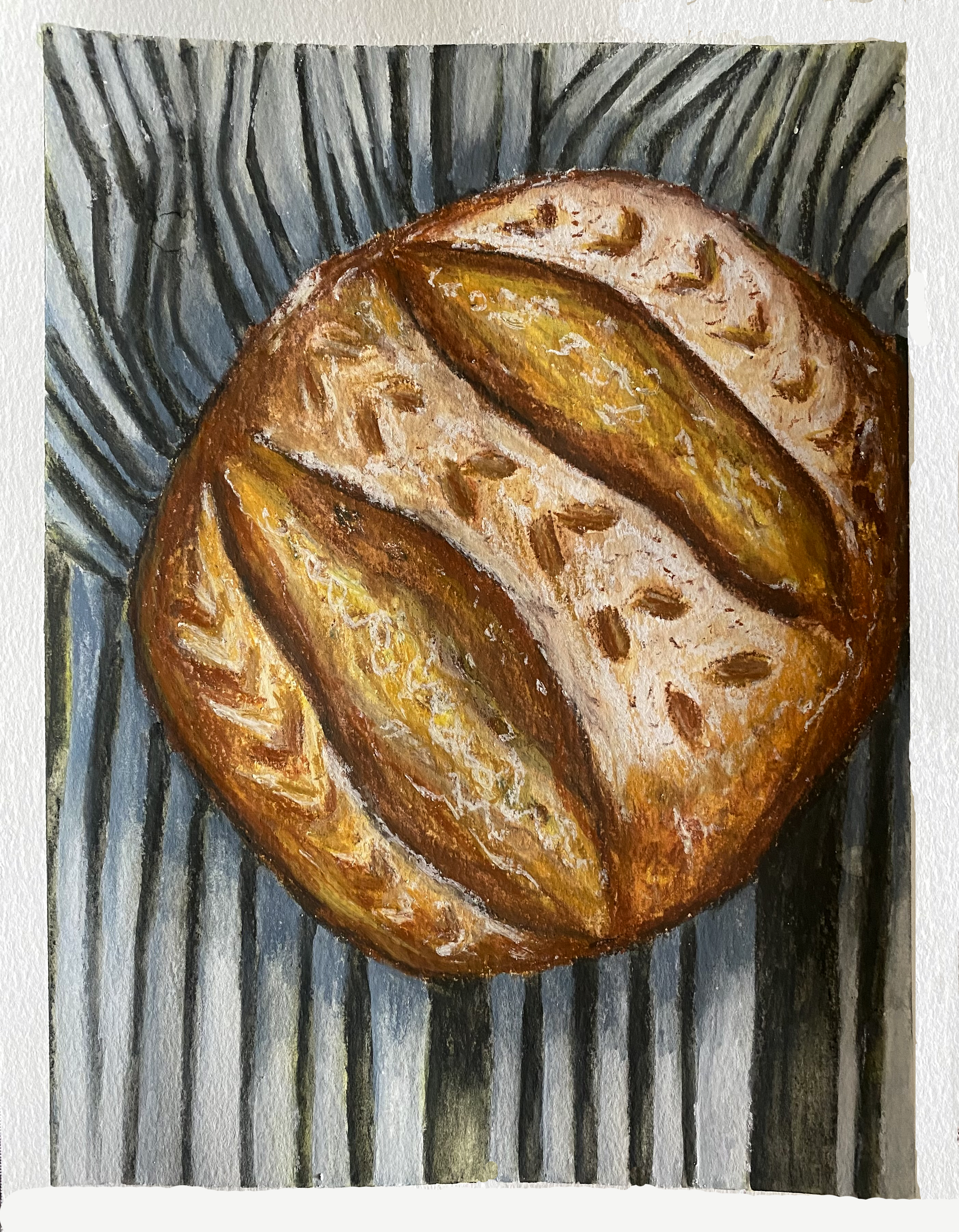 Day 62/365: "Sourdough bread", wax pastels on watercolor paper, 12x9"