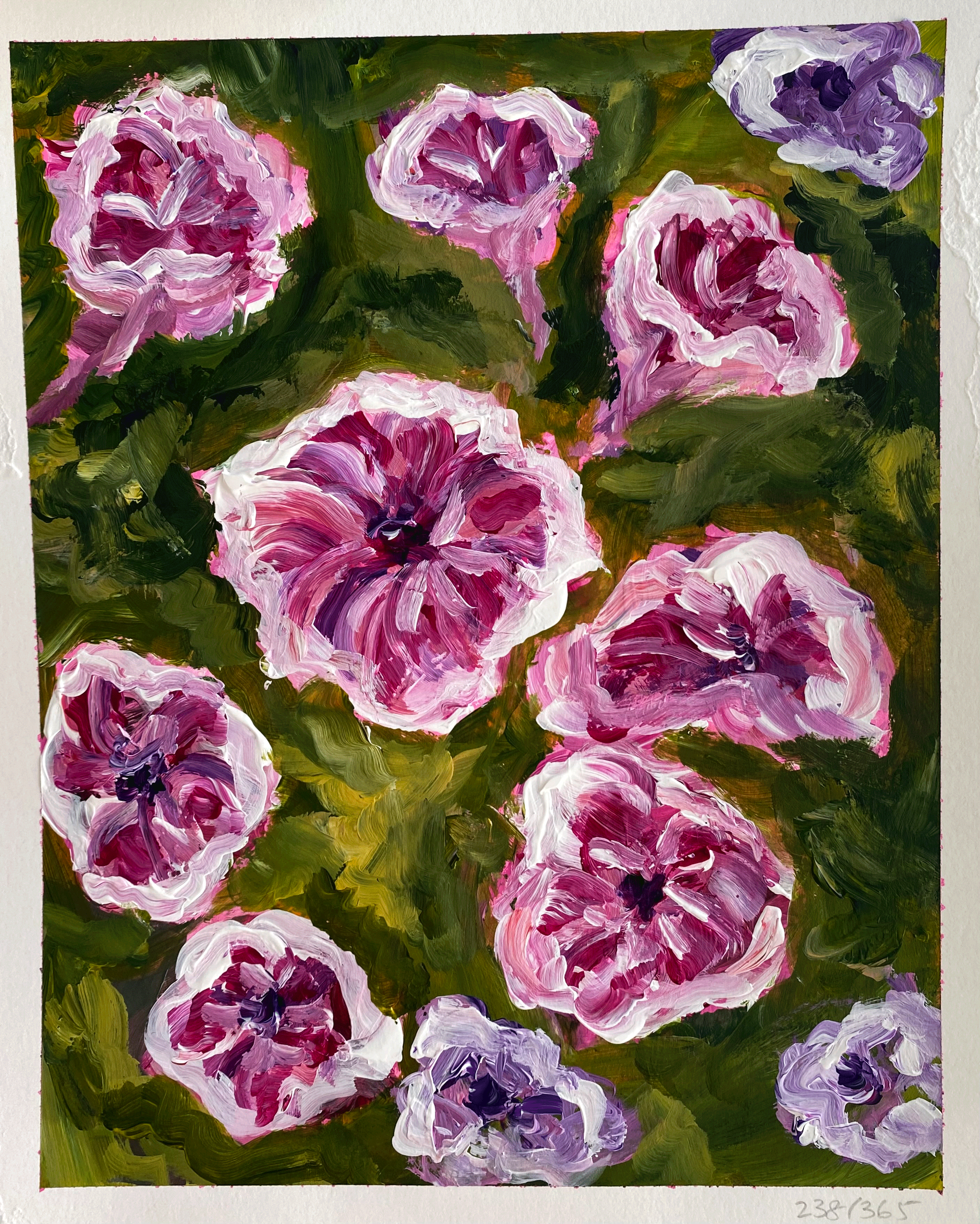 Day 238: "Petunias", acrylic on paper, 8x10"