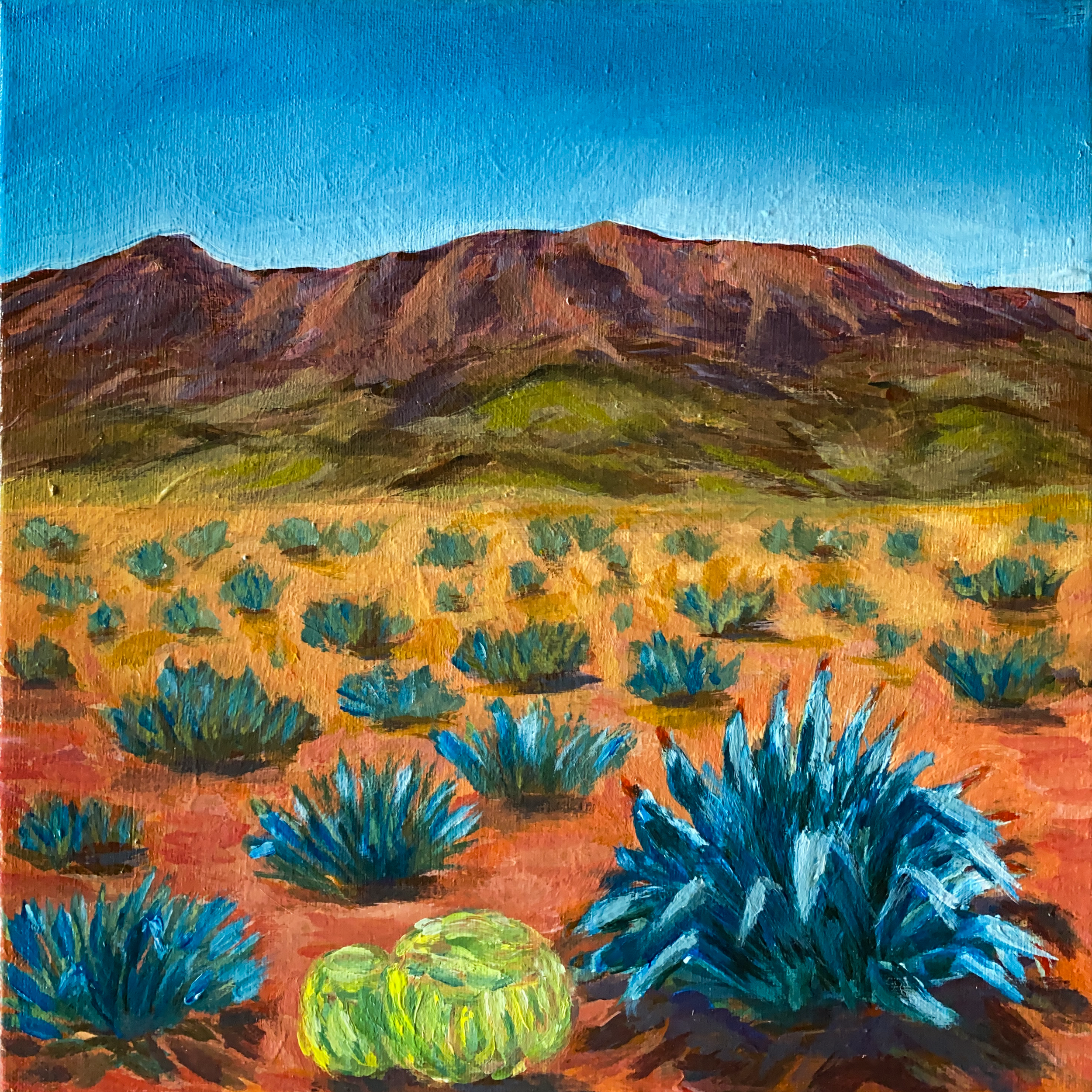 acrylic painting original western desert mountain landscape blue agave