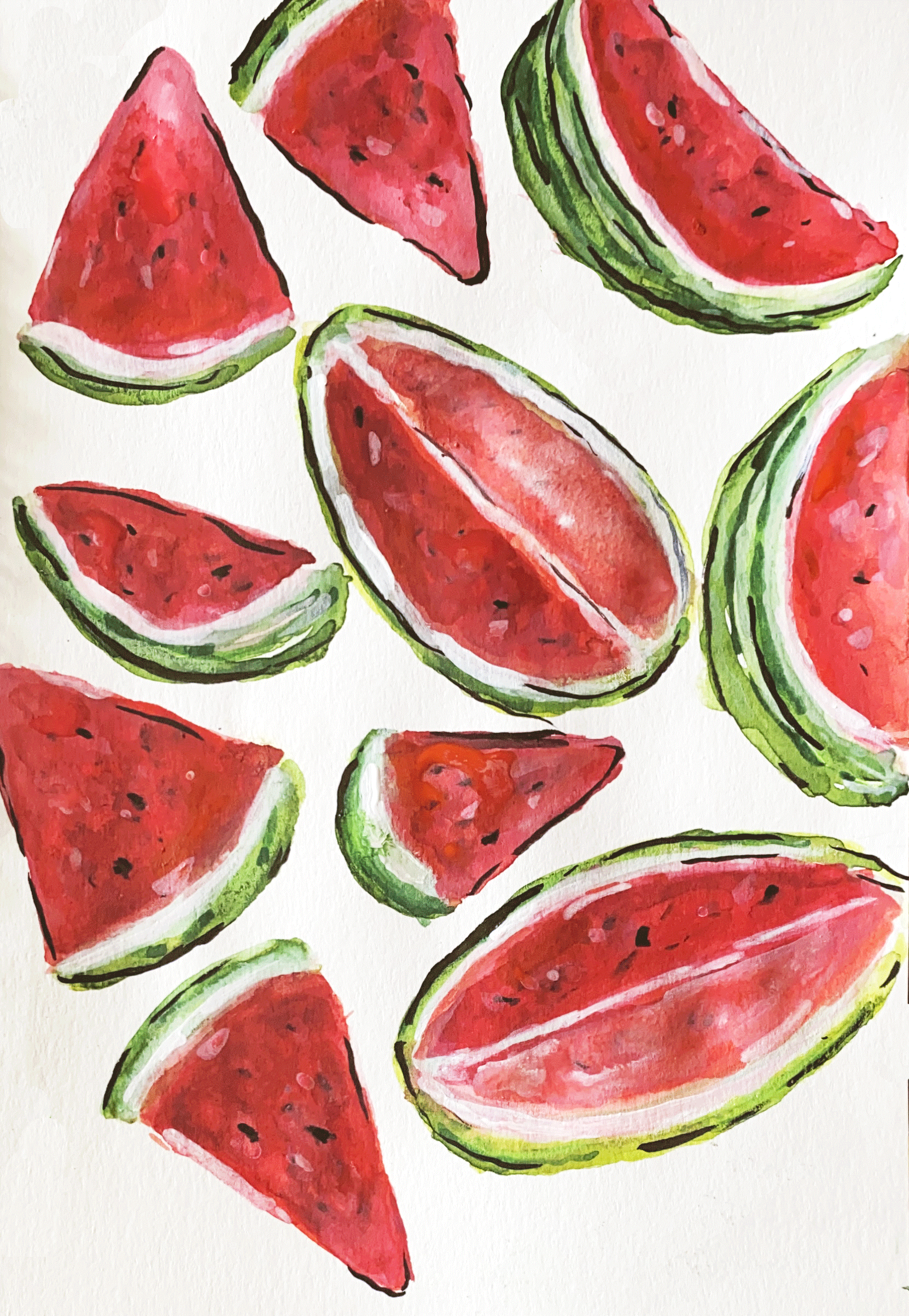 Day 54: "Watermelon", watercolor and wax pastels on mixed media paper, 8.5x5.5"