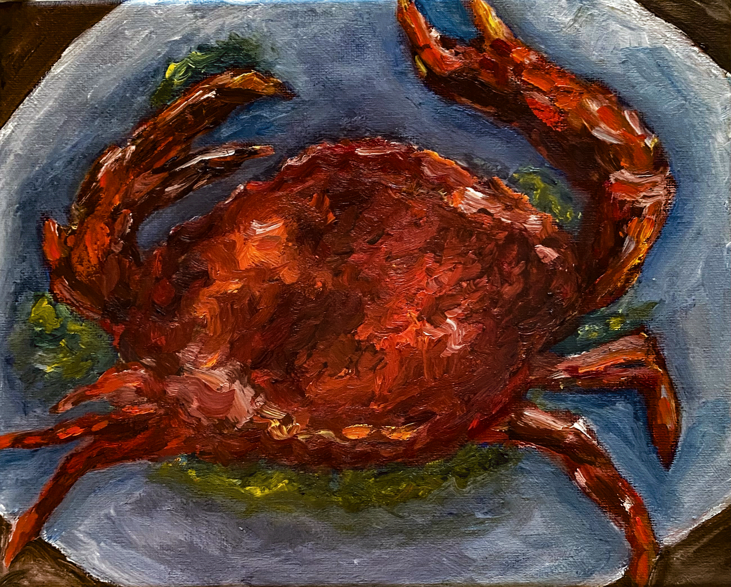 Day 20/365: "Red crab on plate", oil on stretched canvas, 10x8"