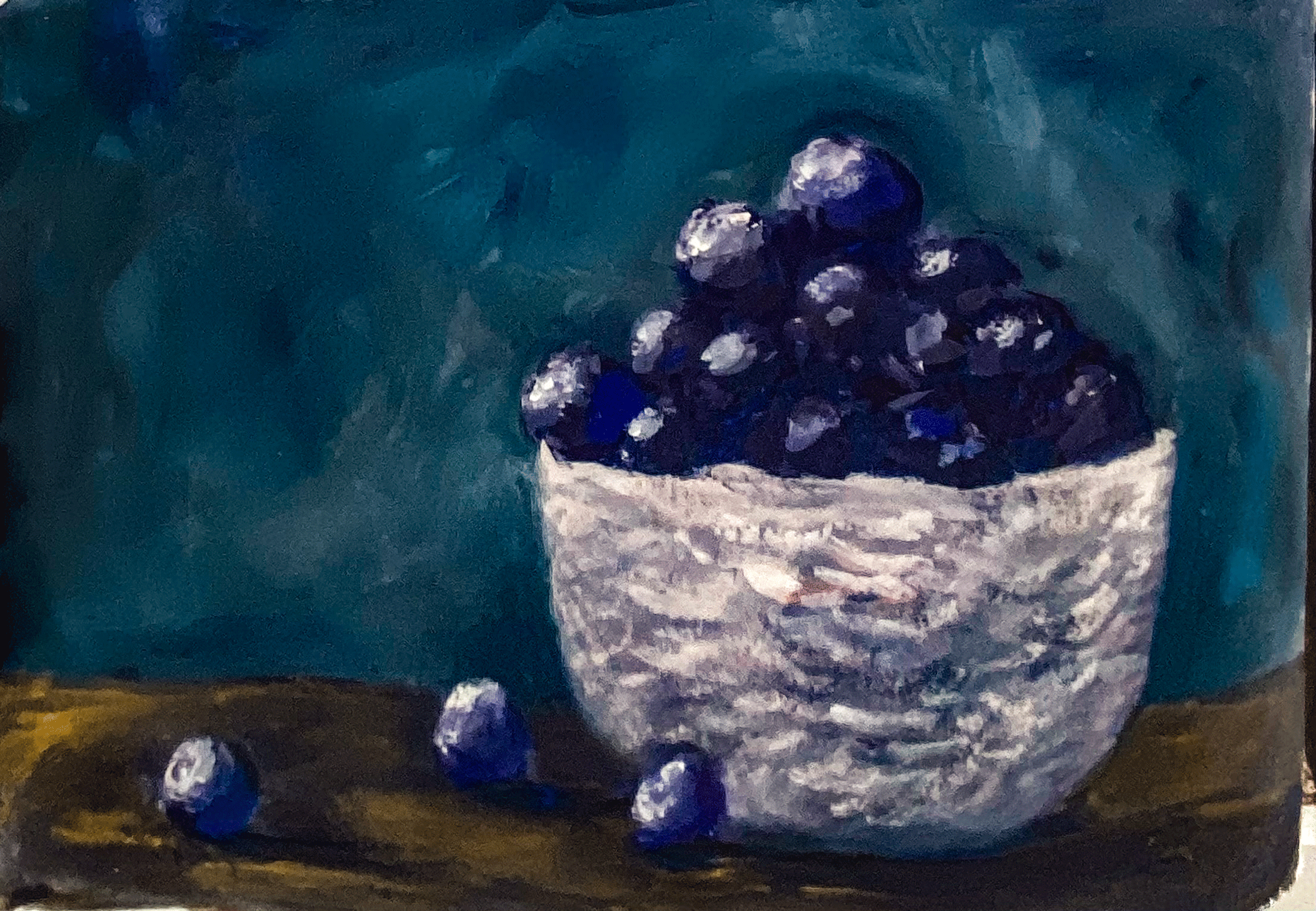 Day 34: "Bowl of blueberries", gouache on watercolor paper, 8.5 x 5.5".