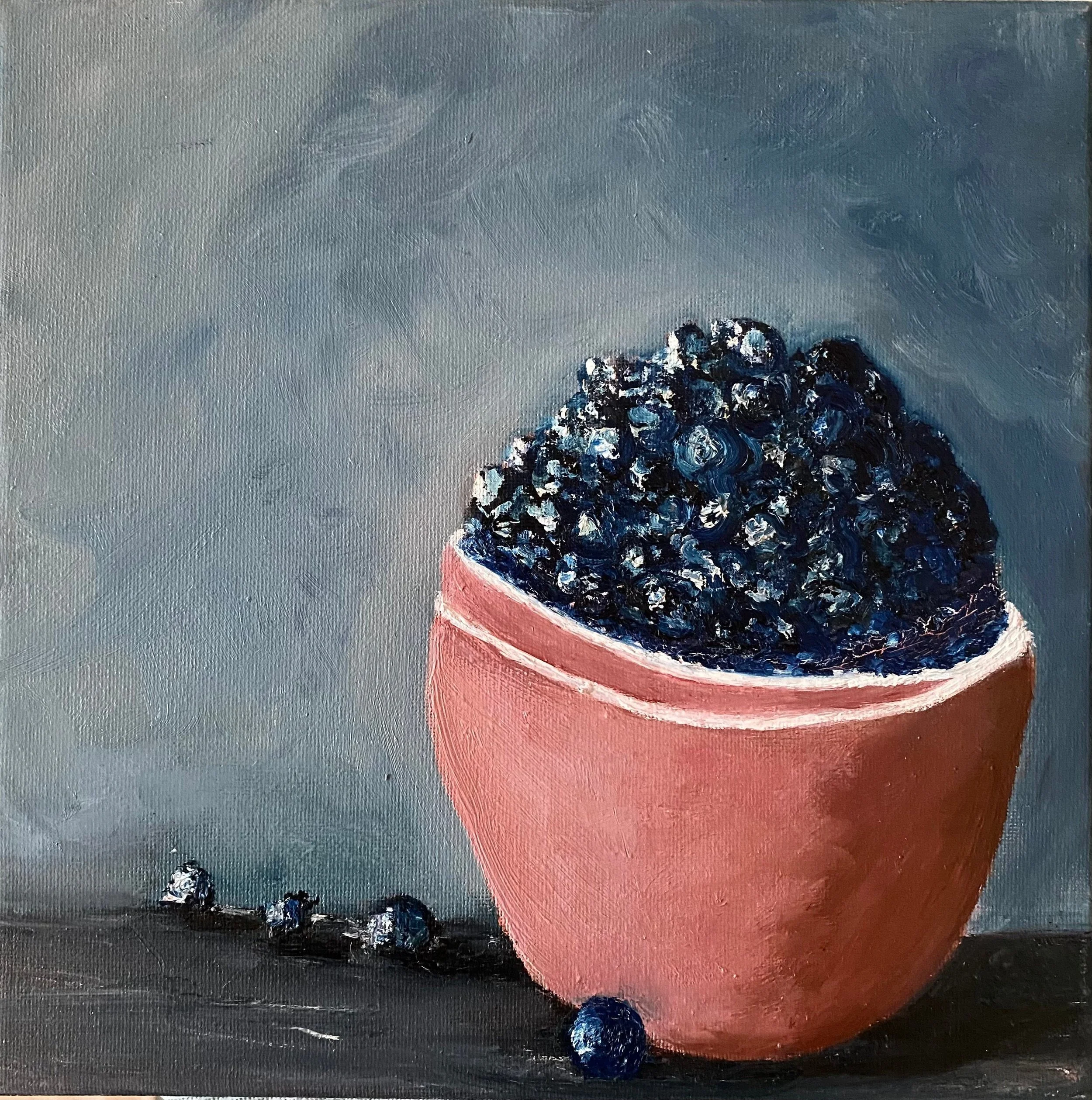 Painting Oil on Canvas Original Art Still Life with Fruit Bowl with Blueberries 10" x 10"