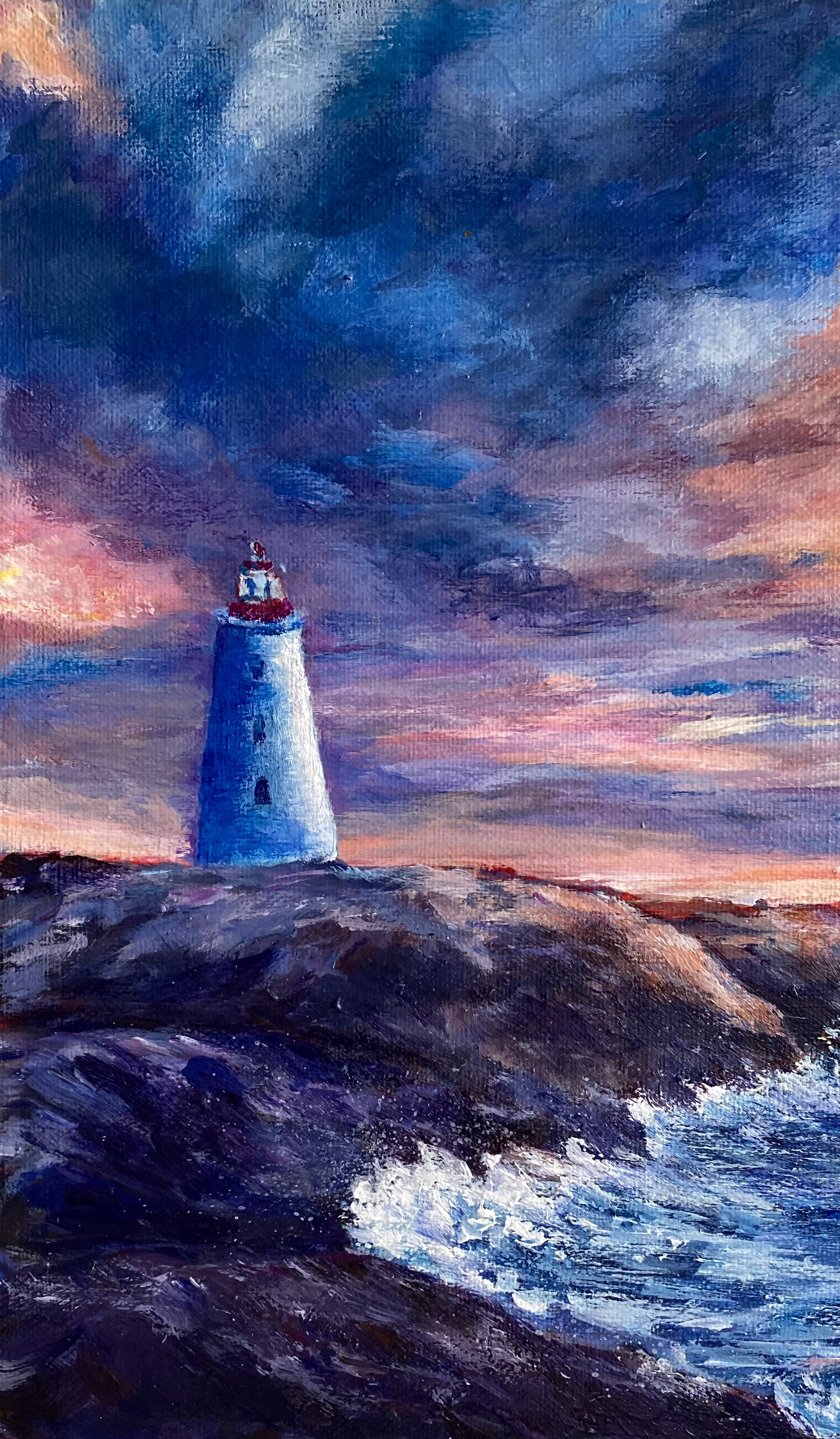 acrylic seascape original coastal wall art sunrise over peggy's cove lighthouse nova scotia, Handmade coastal artwork, Vanilla Sky Over Peggy’s Cove acrylic painting