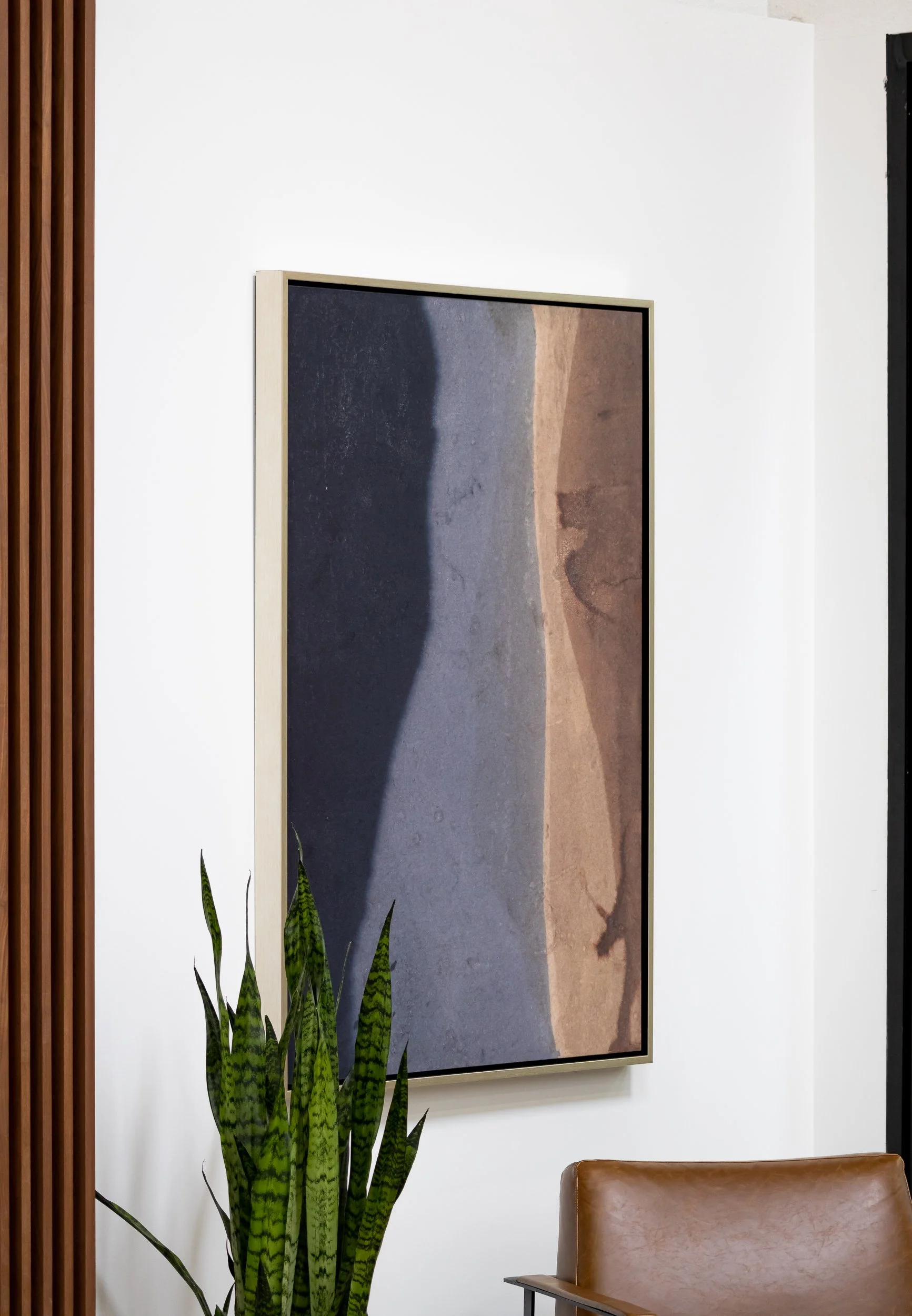 Interior of a modern room with a large framed landscape photograph on a white wall, a tall green plant with long pointed leaves, part of a wooden slat accent wall on the left, and a brown leather chair with black metal legs at the bottom right.
