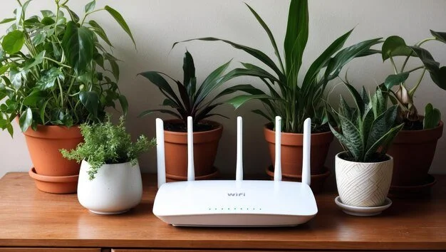 A white Wi-Fi router on a wooden table, surrounded by various potted houseplants.