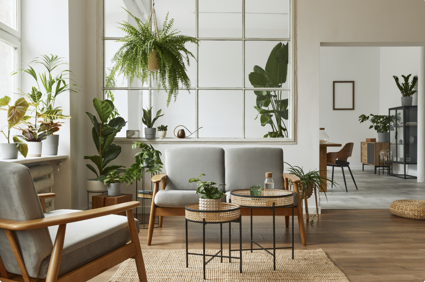 Living room with large windows, green potted plants, mid-century modern armchair, gray sofa, and coffee tables, creating a bright, natural, and cozy atmosphere.