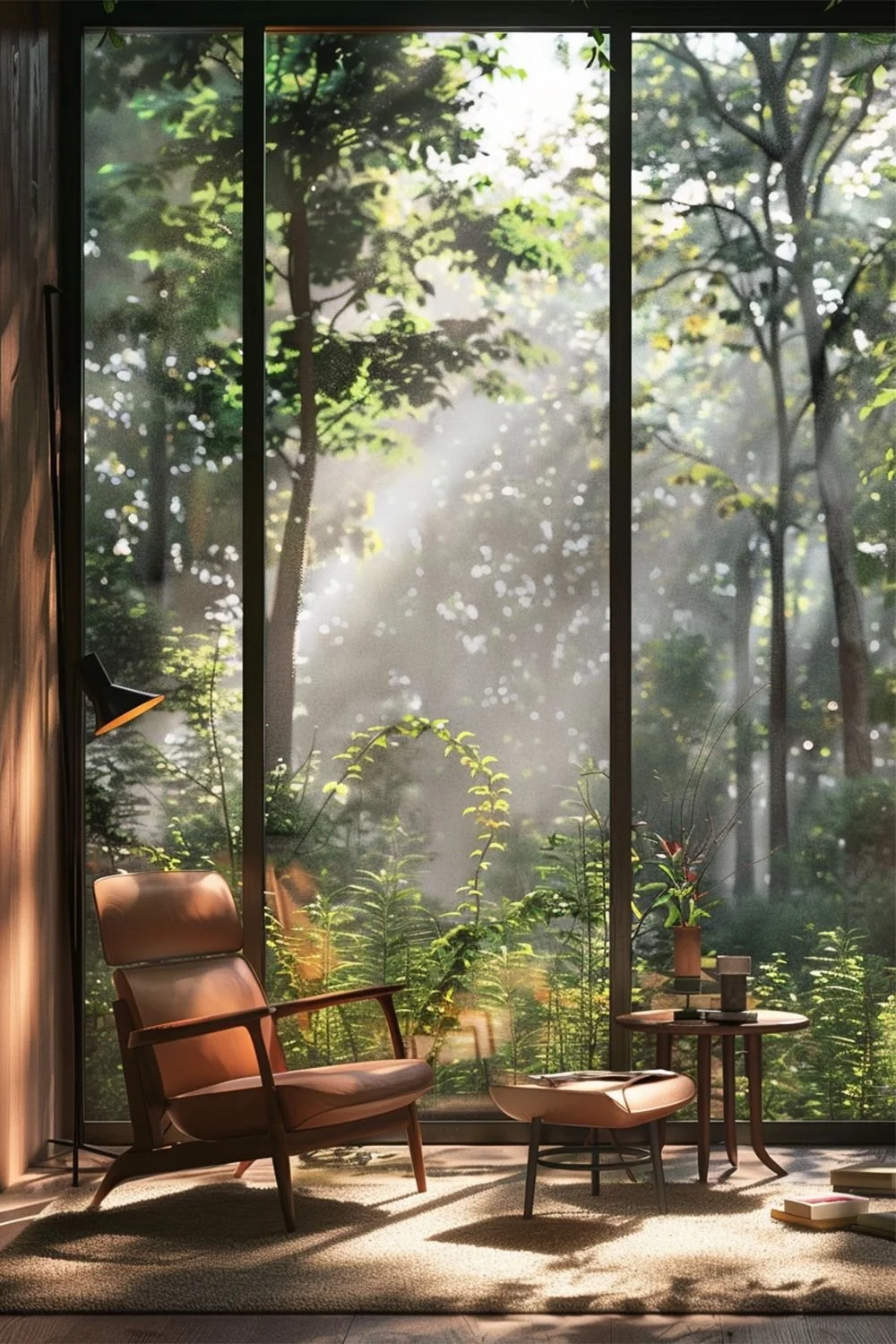 A cozy indoor space with a large window showcasing a lush green outdoor forest. Inside, there is a brown armchair, a matching ottoman, a small round wooden table with a vase of flowers, a few books, and a floor lamp. Sunlight filters through the trees, creating a warm and peaceful atmosphere.