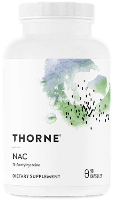 Bottle of Thorne NAC dietary supplement with abstract watercolor design on label.