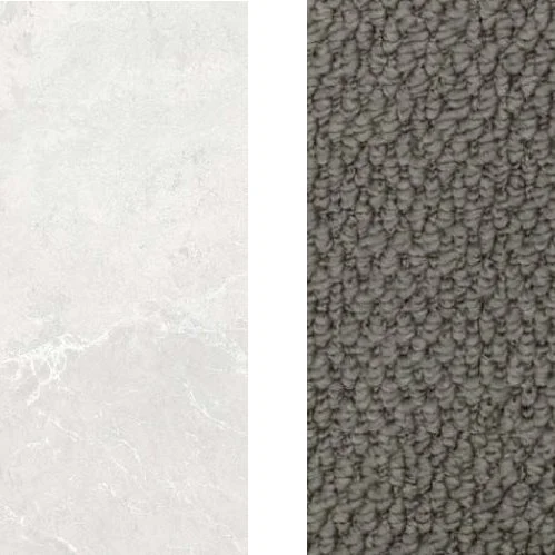   Option 1     Maximo White Matt 450mm x 450mm floor tile with grey grout     Forest Park Beacon carpet with 7mm foam underlay