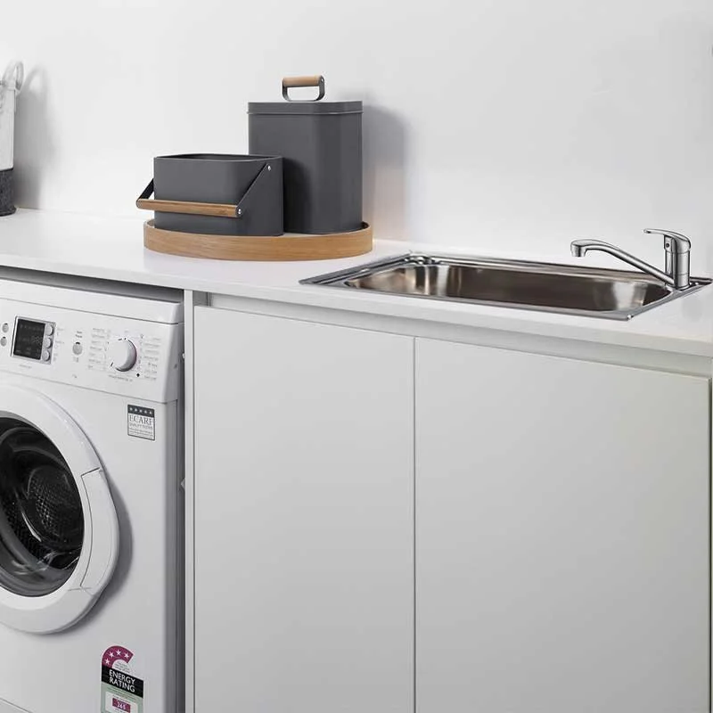   Option 2    
2100mm nominal long laundry joinery with 800mm wide laminate cabinet (2x doors) with 2100mm (nominal) 20mm Caesarstone benchtop