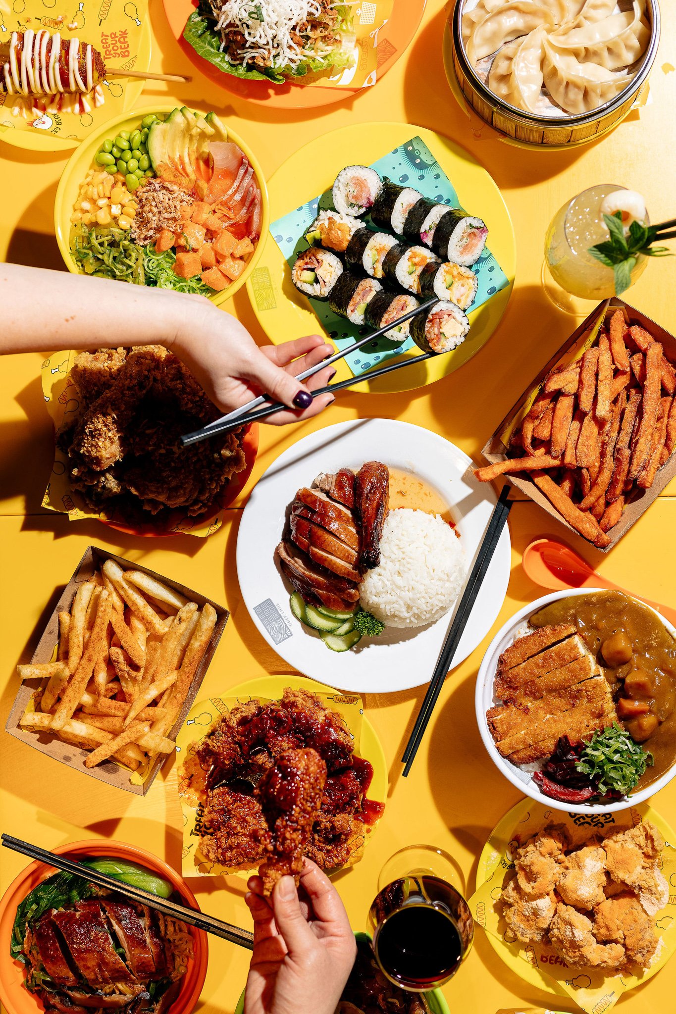 Food photography - bright table full of asian food