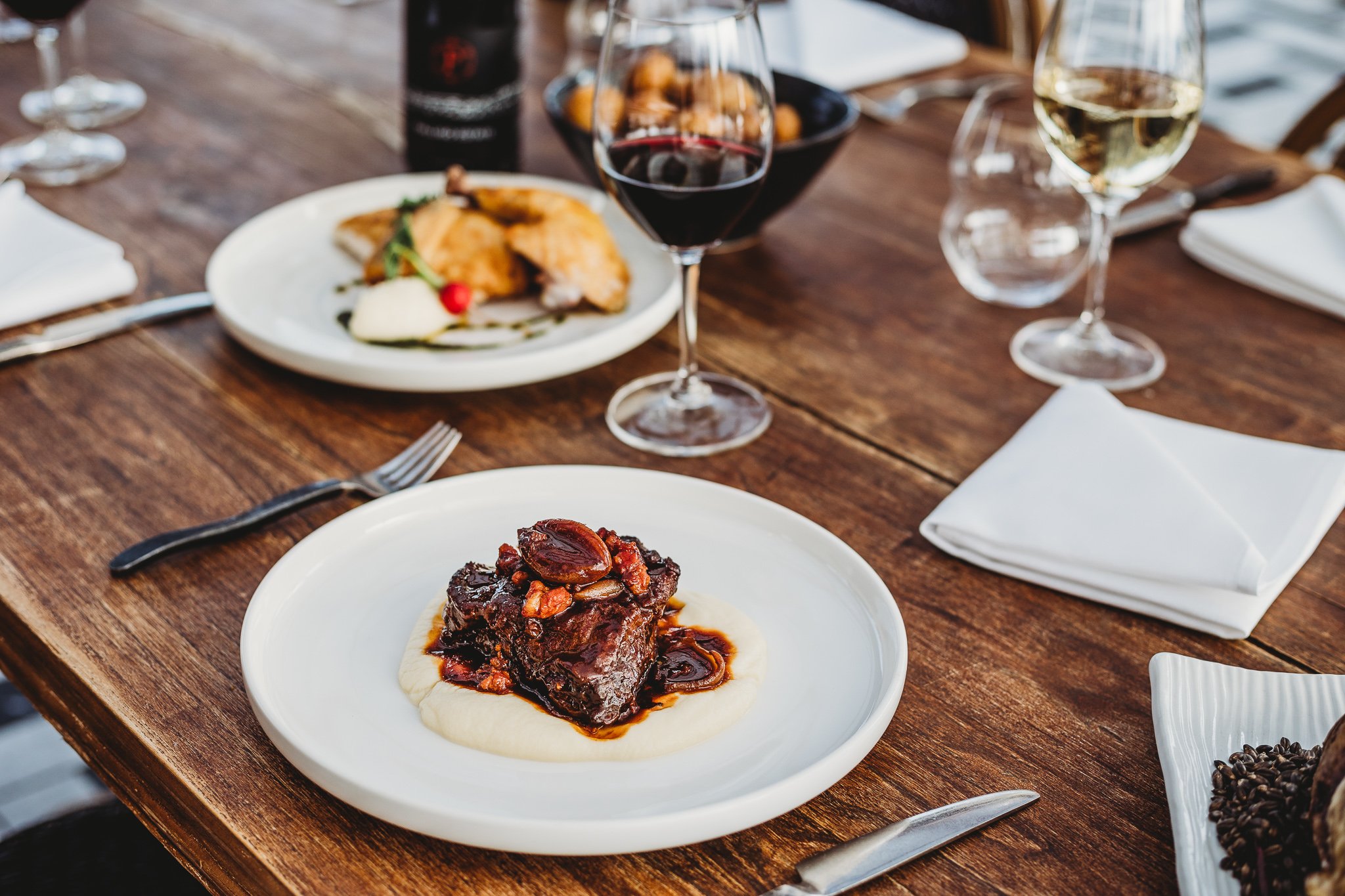 Canberra food photography - beef and wine at wooden table (Copy)