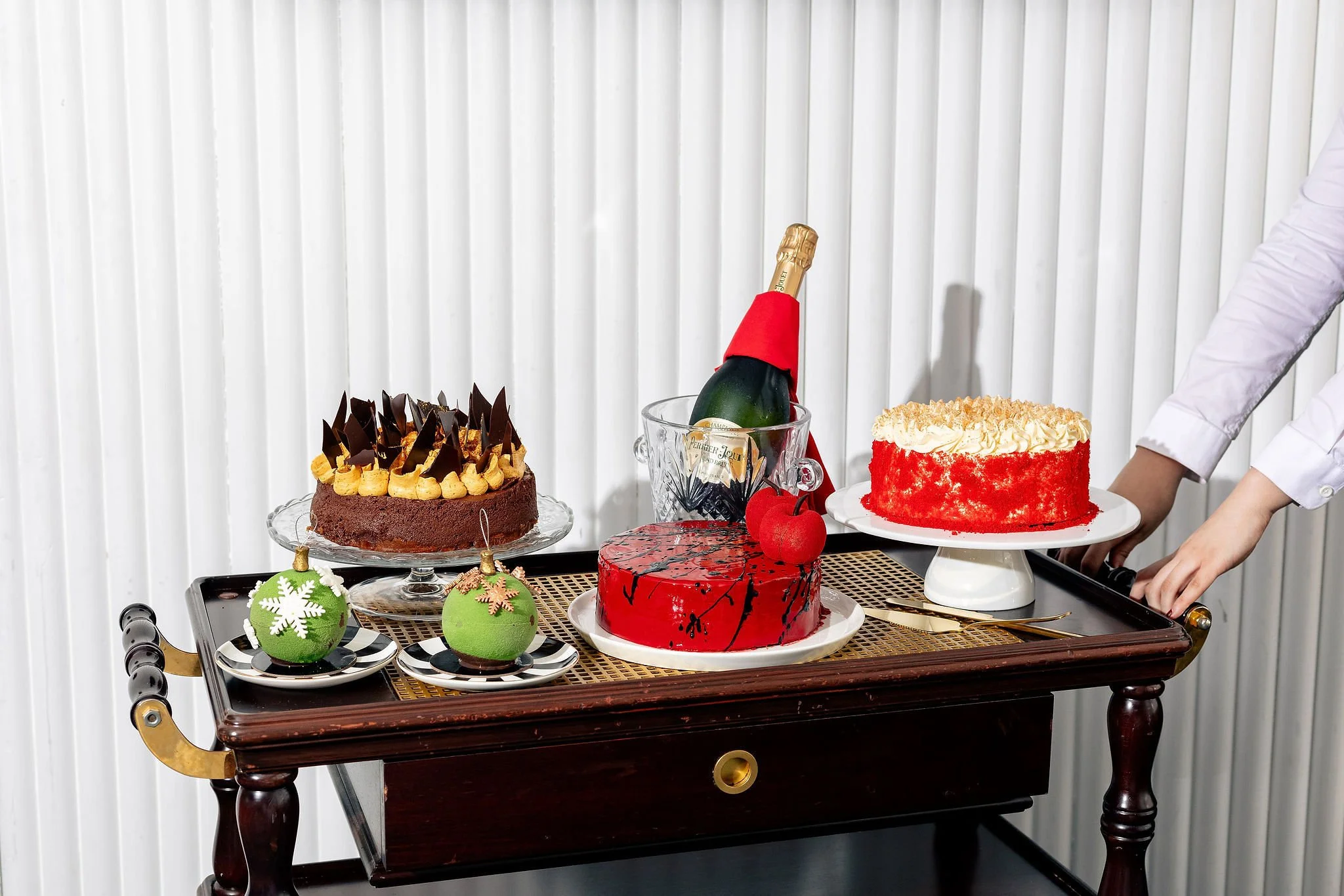 Canberra food photographer - cakes and champagne on trolley