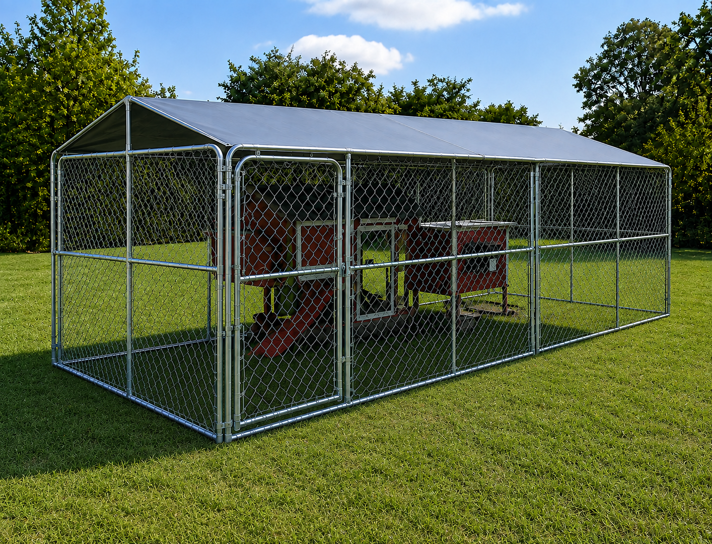 Large roofed chain-link kennel enclosure on a grassy property.