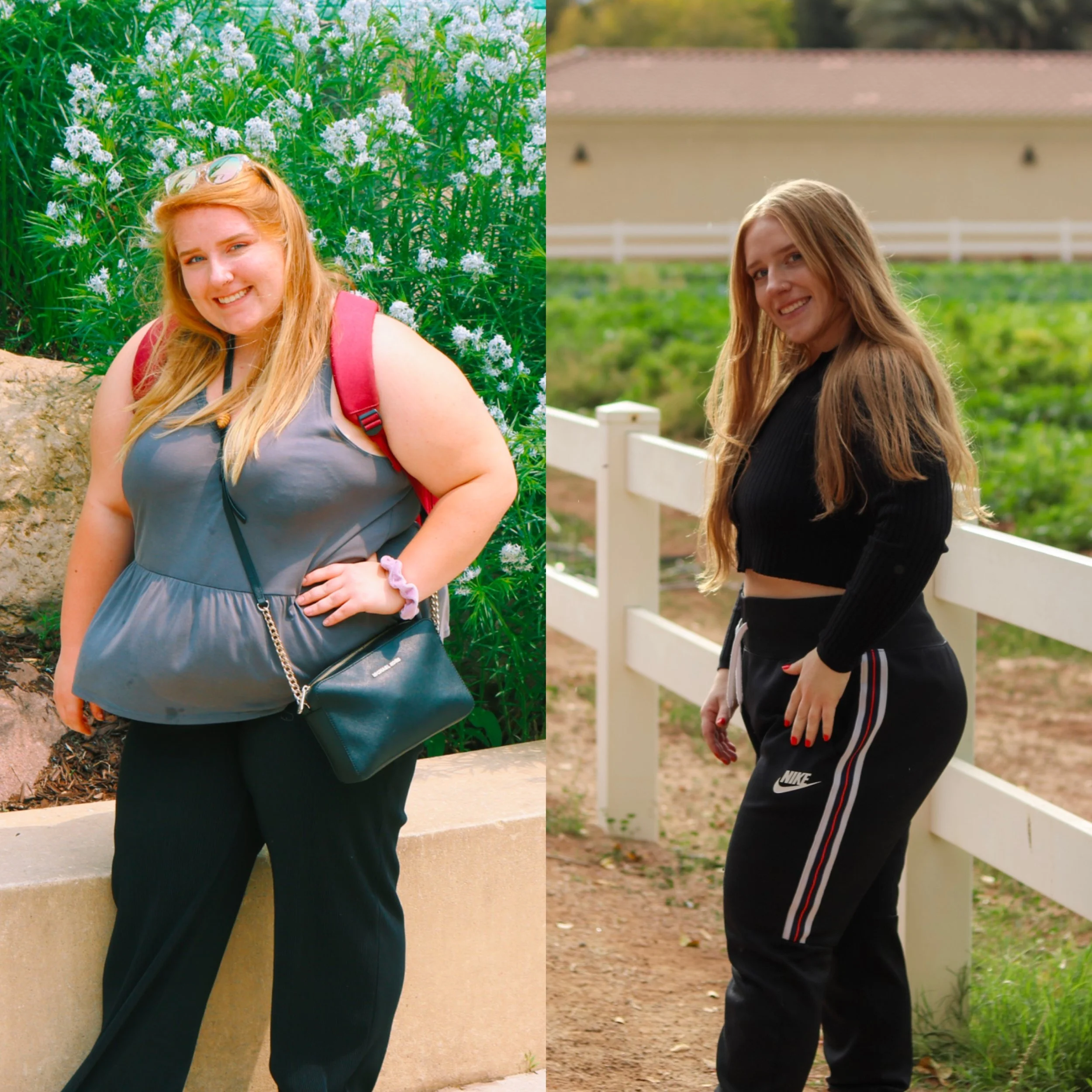 Side-by-side comparison of two women standing outdoors, smiling. The woman on the left has long red hair, wears glasses on her head, a gray sleeveless top, black pants, and carries a black purse. She is standing beside a stone wall with greenery and white flowers in the background. The woman on the right has long light brown hair, wears a black long-sleeve top, black Nike track pants, and is near a white fence with a farm-like background.