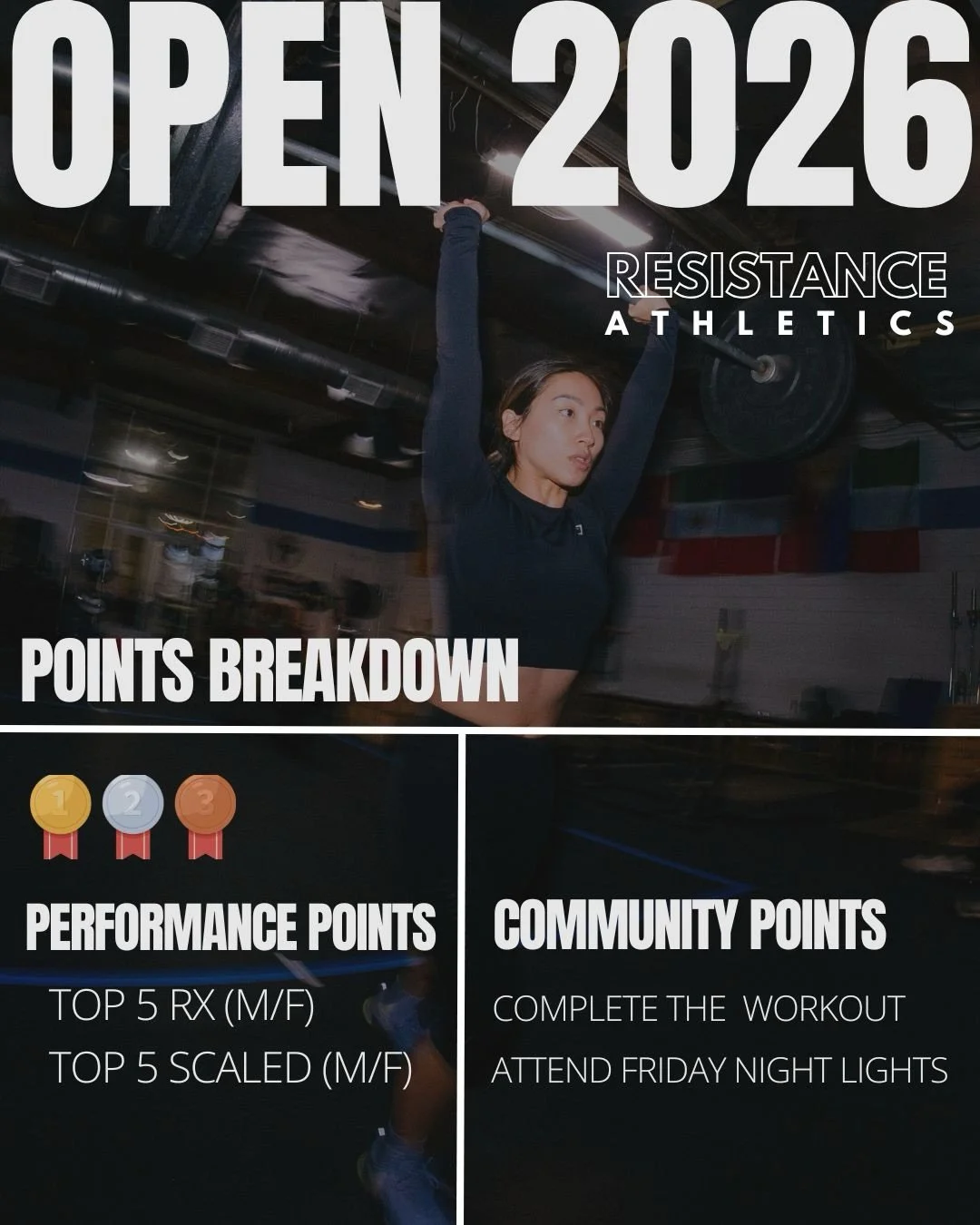 The 2026 Resistance Open starts next week. Friday night lights starts on Feb 27. Swipe for full breakdown on rules - may the best team win!!! 

#pasadena #gym #fitnesscommunity #functionalfitness