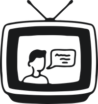 A black-and-white illustration of a retro television with an antenna on top, displaying a speech bubble and a person on the screen.