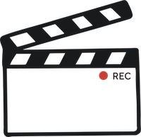 A black film clapperboard with a red 'REC' indicator light.