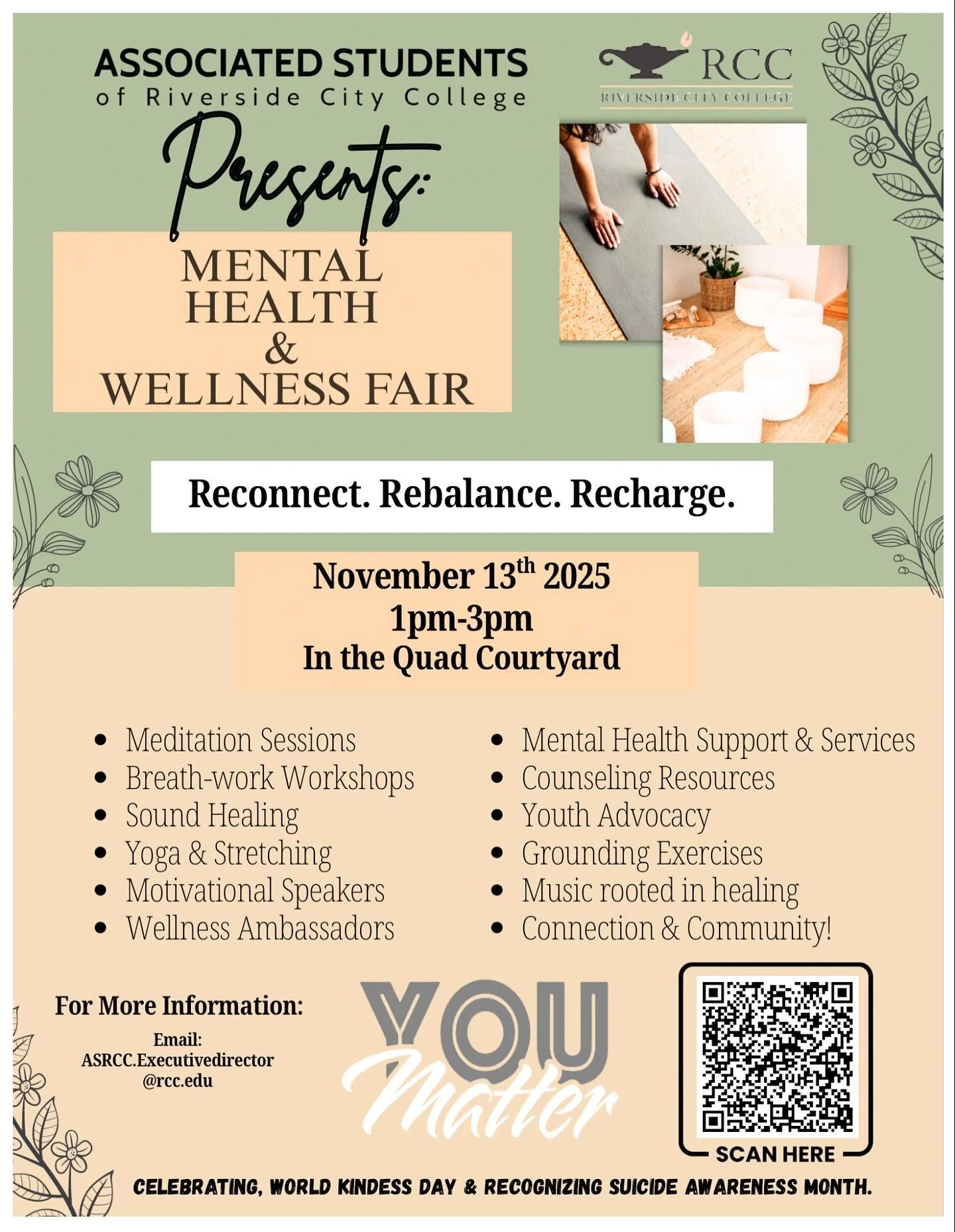 ✨ Take a break from the chaos and come reconnect, rebalance, and recharge with us at RCC&rsquo;s Mental Health &amp; Wellness Fair 💛
🧘&zwj;♀️ Meditation &bull; Sound Healing &bull; Yoga &bull; Breathwork &bull; Music &bull; Motivation &bull; Commun