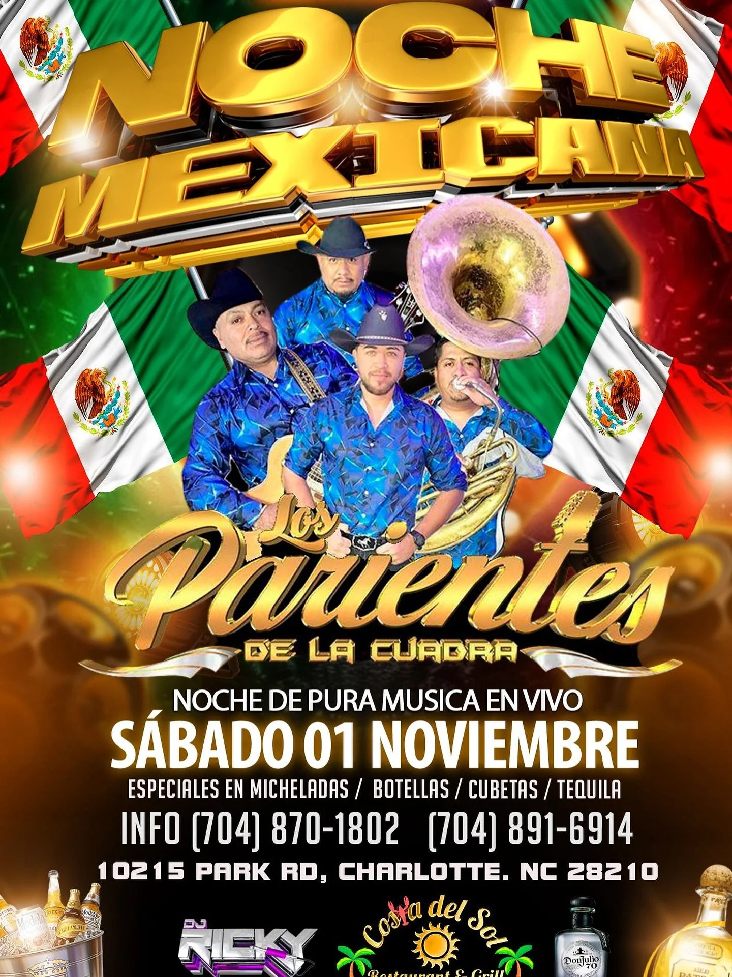 🇲🇽✨ ¡Prepárate para una noche llena de sabor, ritmo y tradición!
Este sábado 1 de noviembre, ven a celebrar la Noche Mexicana en Costa Del Sol Restaurant & Grill 🎉
🎶 Música en vivo con Los Parientes de la Cua