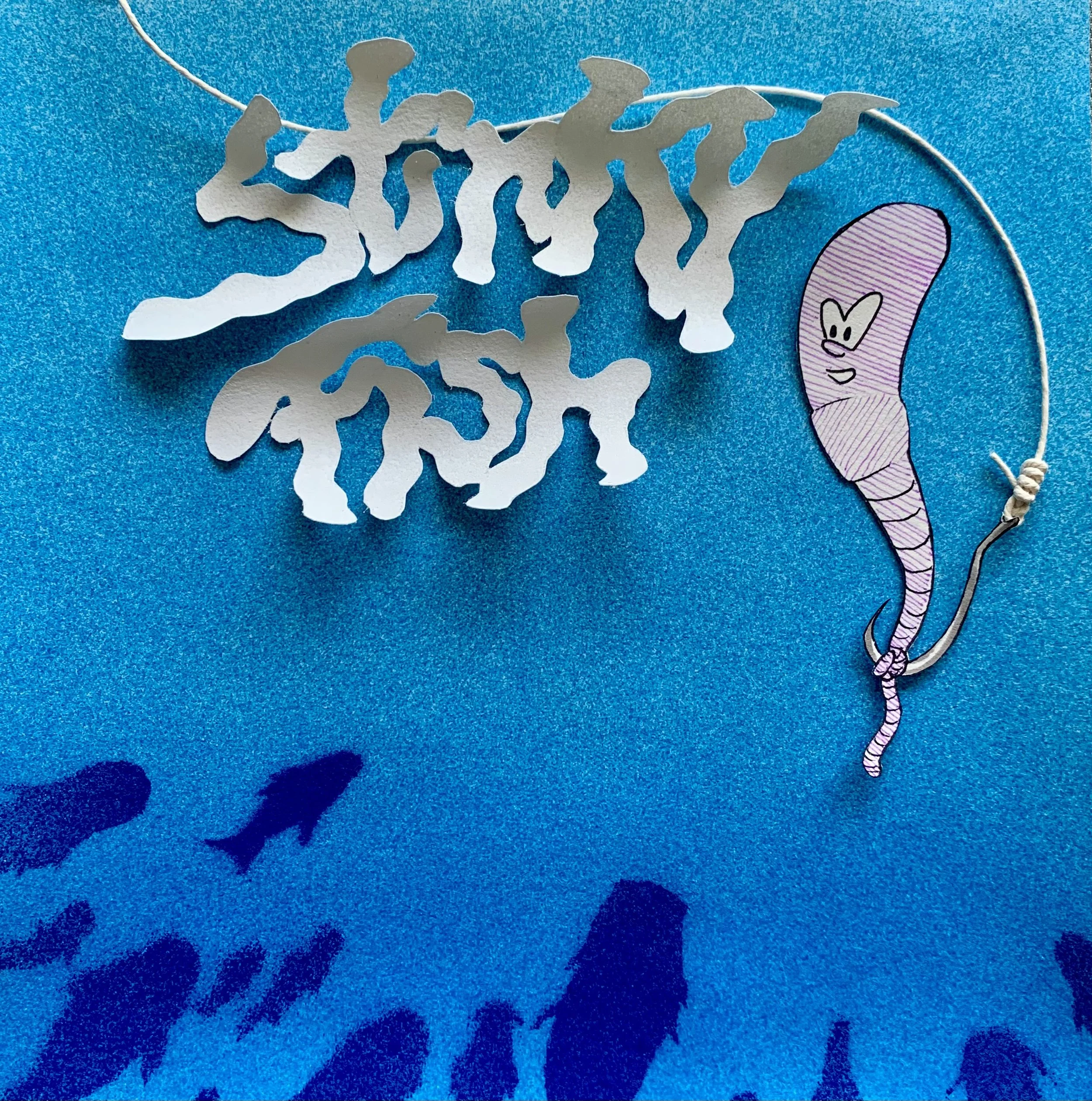 Spray paint, acrylic, paper cut-out, stencil, rope