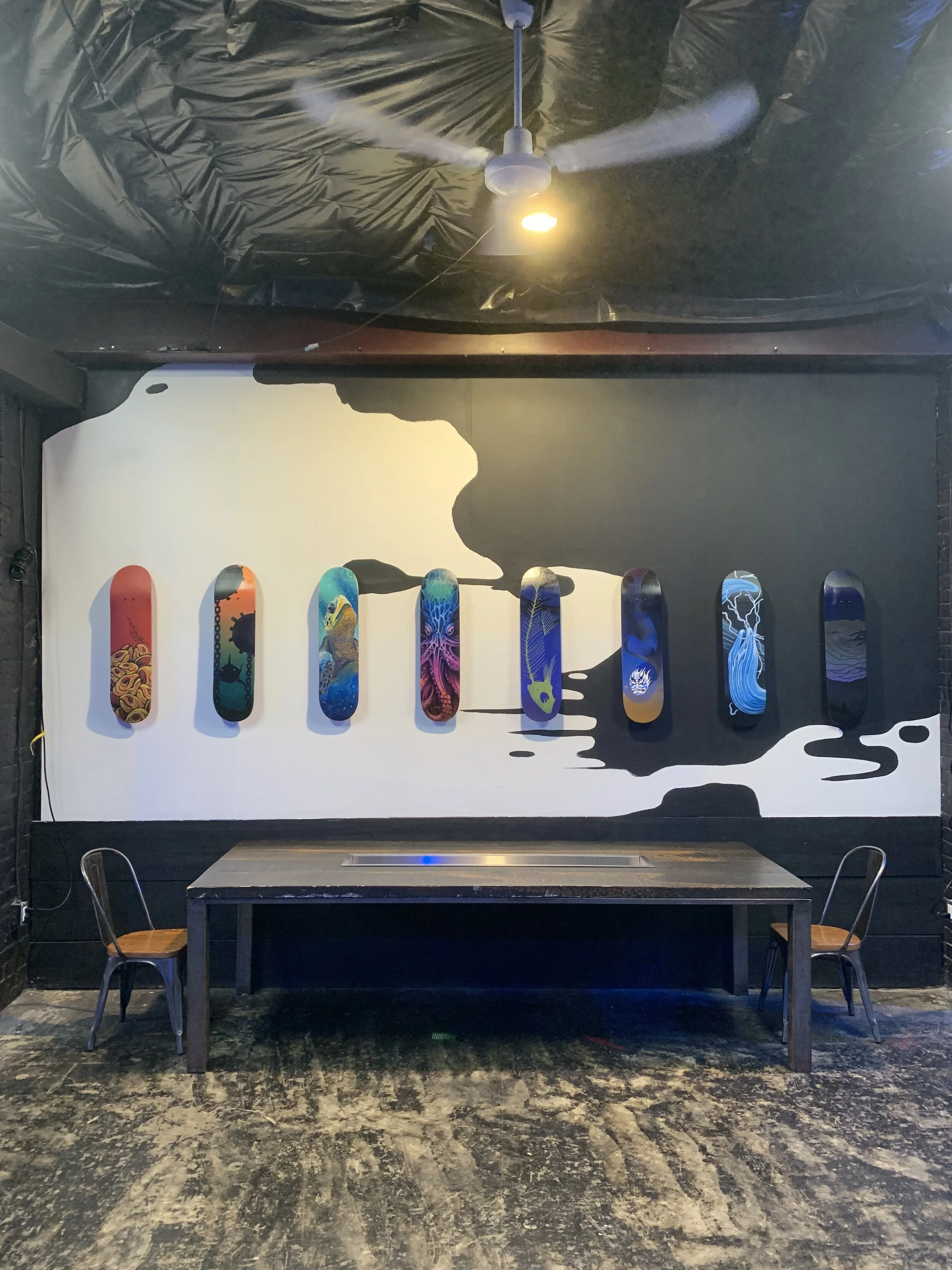 Custom Painted Skateboard Curation and Hand painted mural
