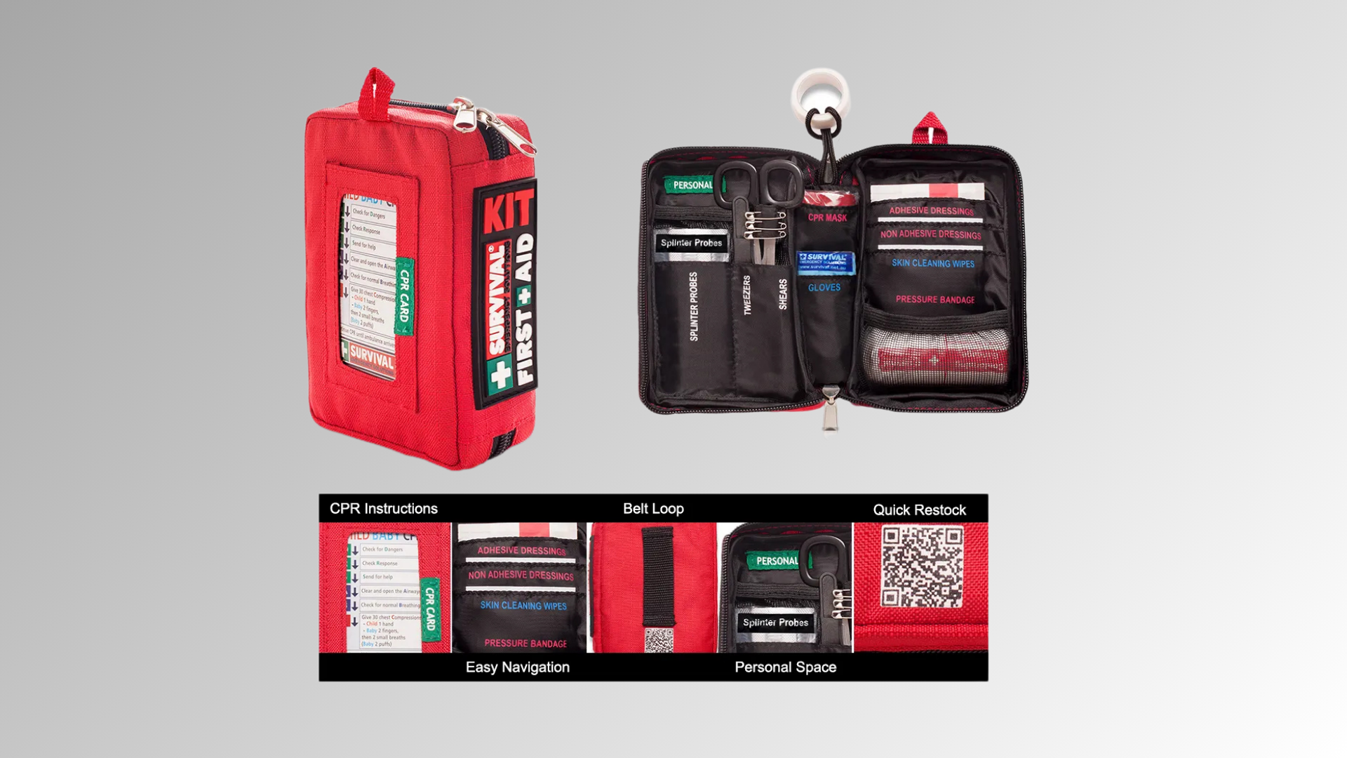Red survival first aid kit shown from three angles, ideal for a First Aid Course Gold Coast, with black straps and visible emergency supplies.