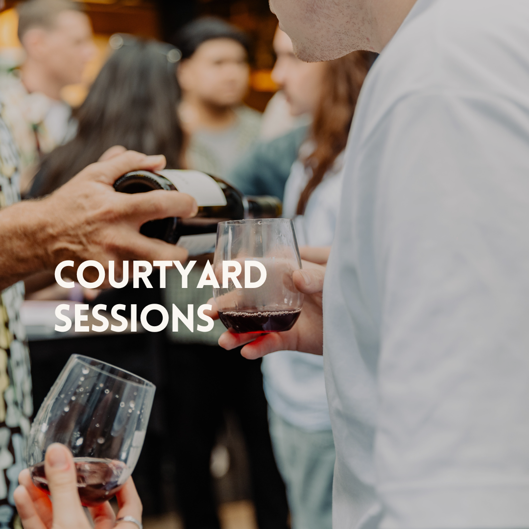 People at a social event with glasses of red wine, 'Courtyard Sessions' text overlay.
