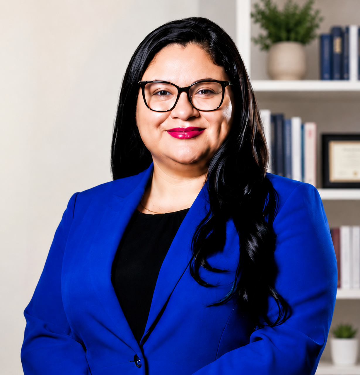 A woman with long black hair, glasses, and pink lipstick wearing a blue blazer and black top, standing in an office with shelves filled with books ready to perform bookkeeping or notarizations.