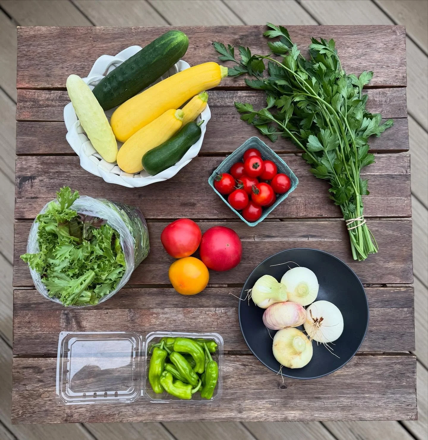 CSA Week 12, enjoy yourself!

Cipollini fresh yellow onions (aka UFO onions), cucumbers, zucchini, cherry tomatoes, big tomatoes, lettuce mix, parsley, shishito peppers! 

#certifiedorganic #mendhamnj #morristownnj #buckhillfarmnj #njfarms #community