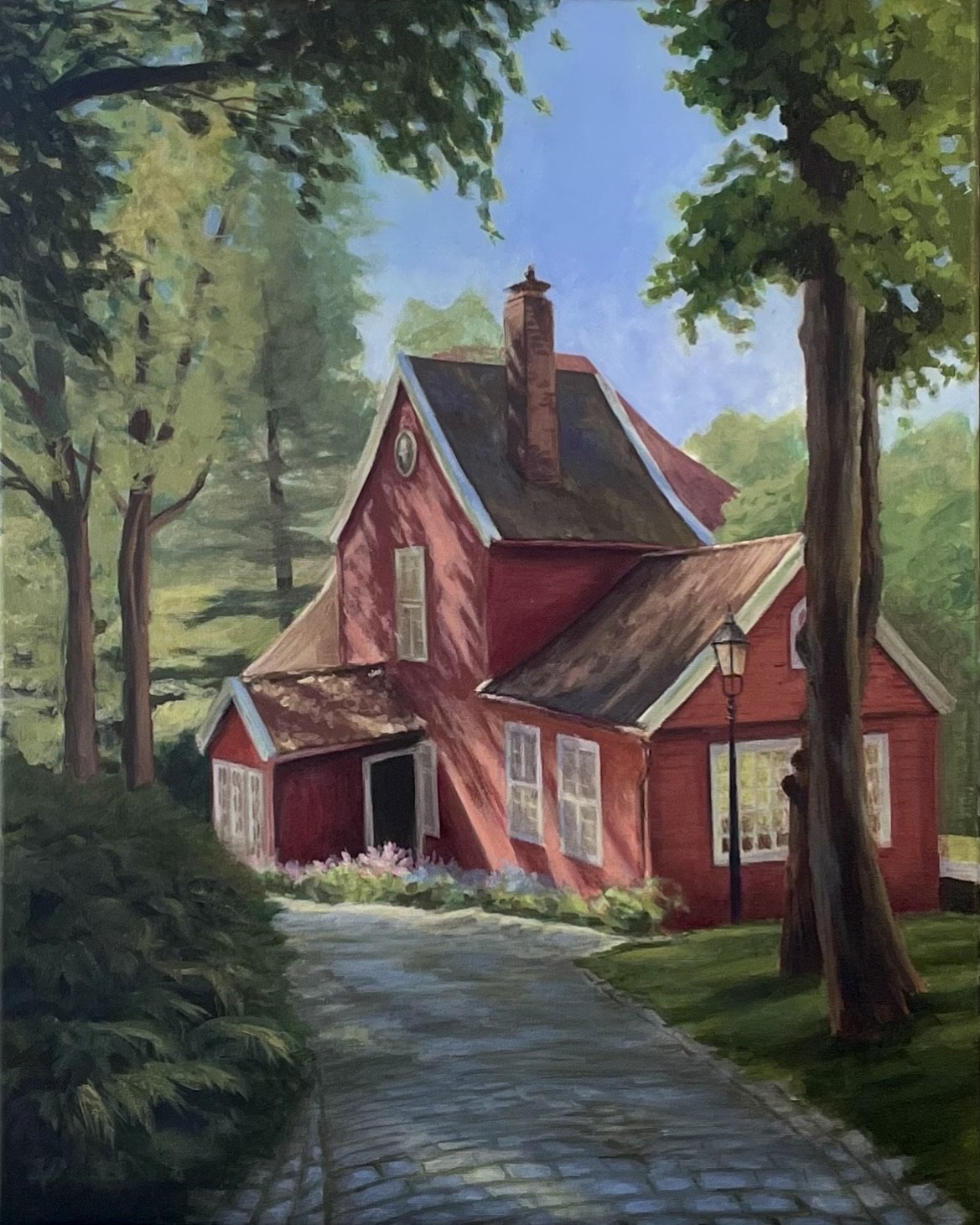 Acrylic painting of red cabin in the woods in Bergen, Norway on a sunny afternoon by Ezri White.